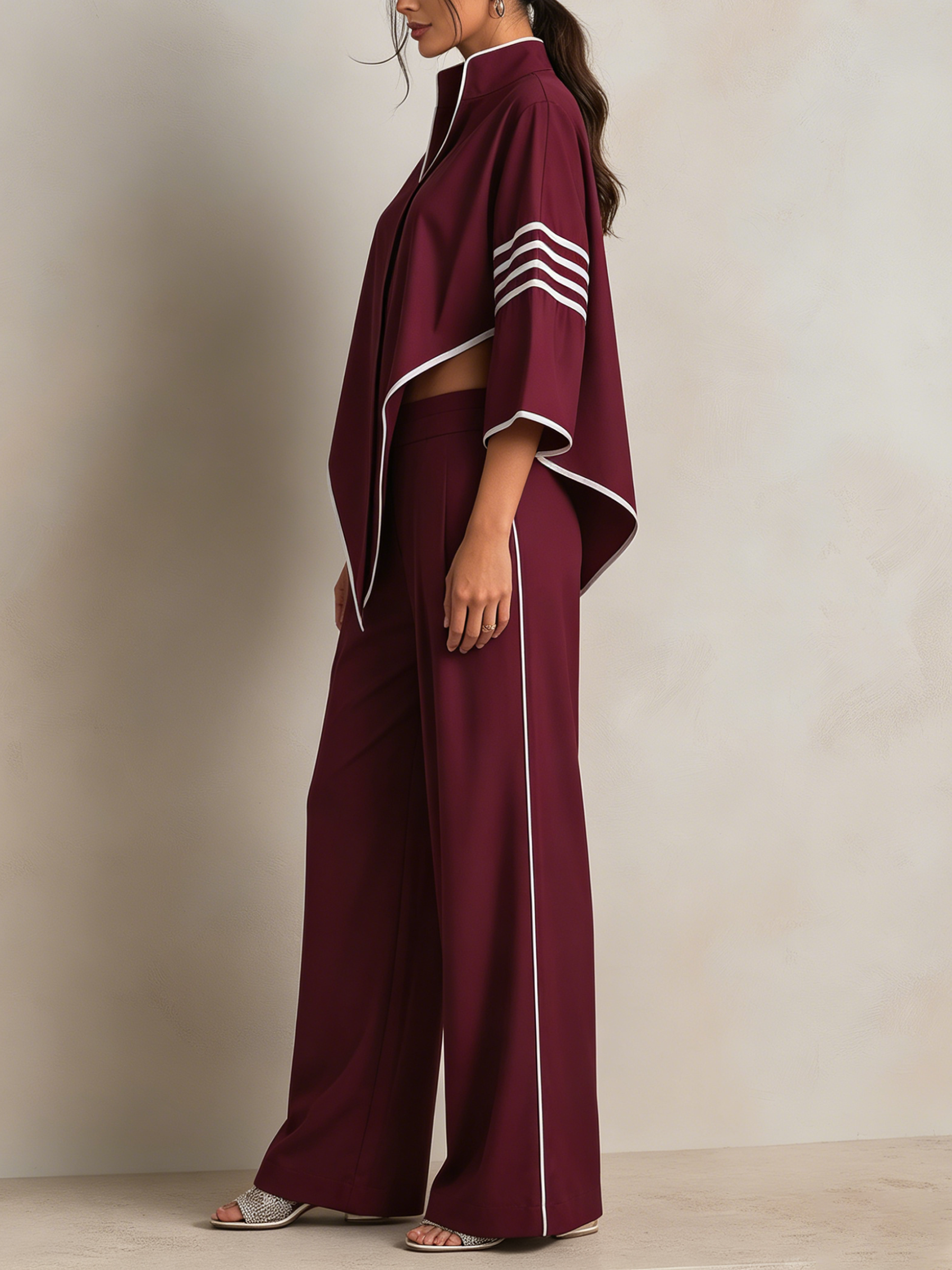 Burgundy Asymmetric Trimmed Top & Wide-Leg Pants Set