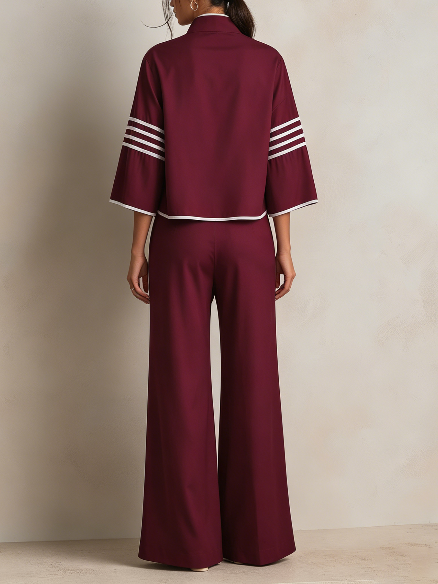 Burgundy Asymmetric Trimmed Top & Wide-Leg Pants Set