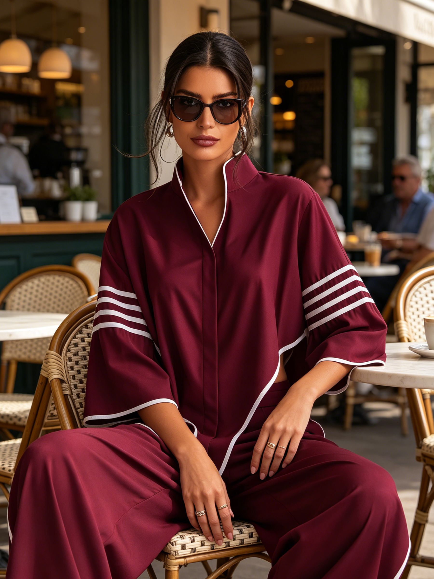 Burgundy Asymmetric Trimmed Top & Wide-Leg Pants Set
