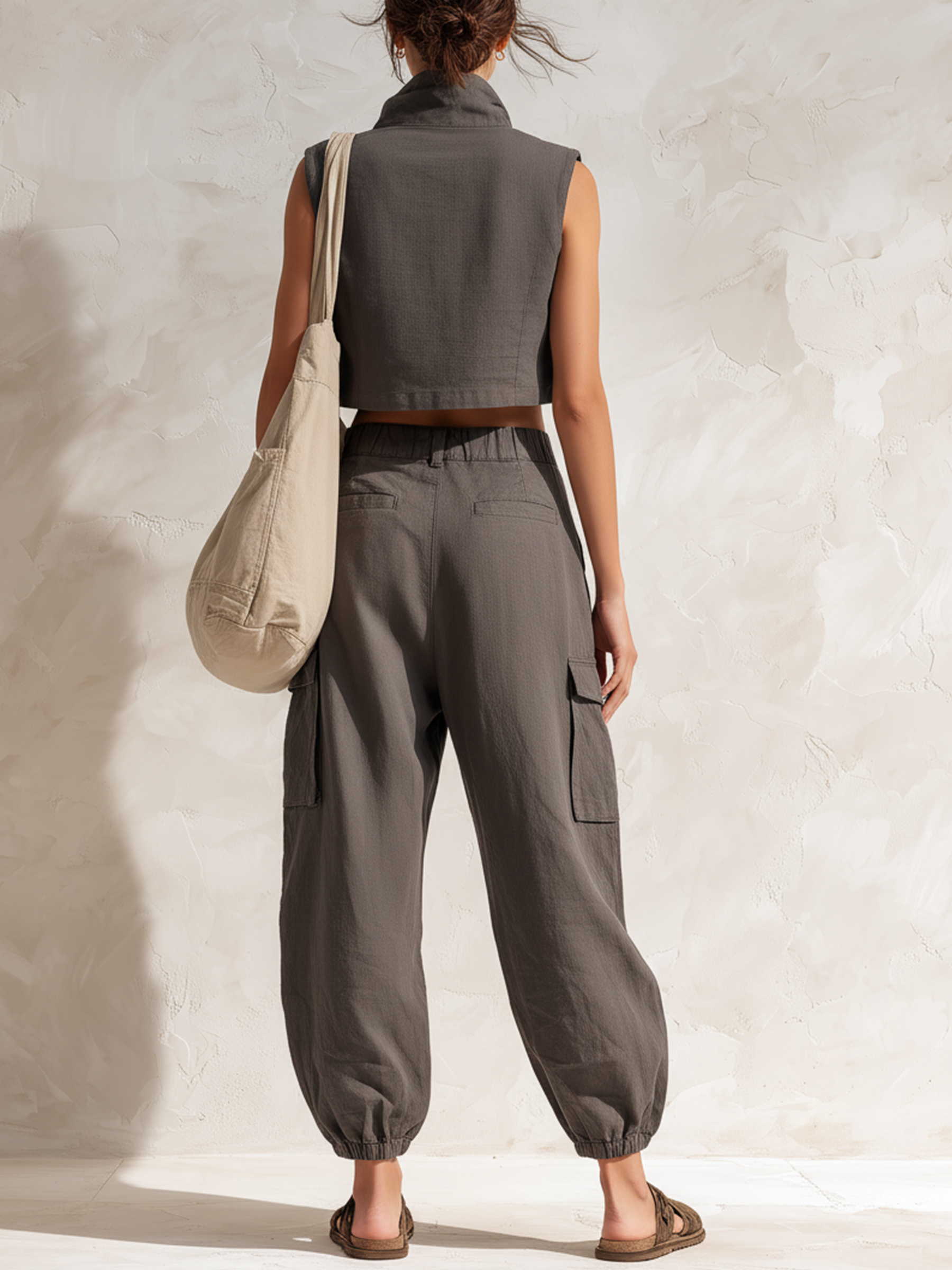 Charcoal Gray Cropped Utility Vest & Parachute Cargo Pants Set