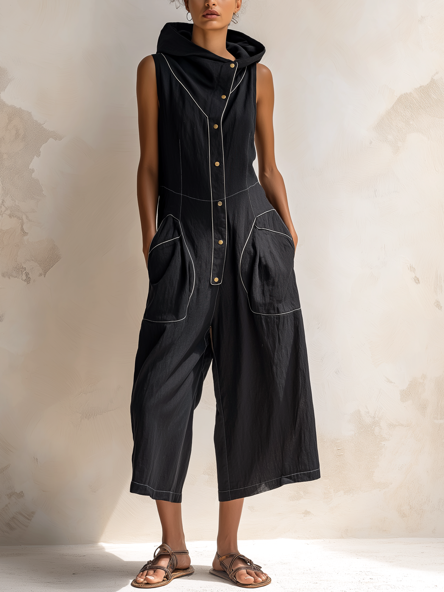 Black Contrast Stitch Hooded Sleeveless Wide-Leg Cotton-Blend Jumpsuit