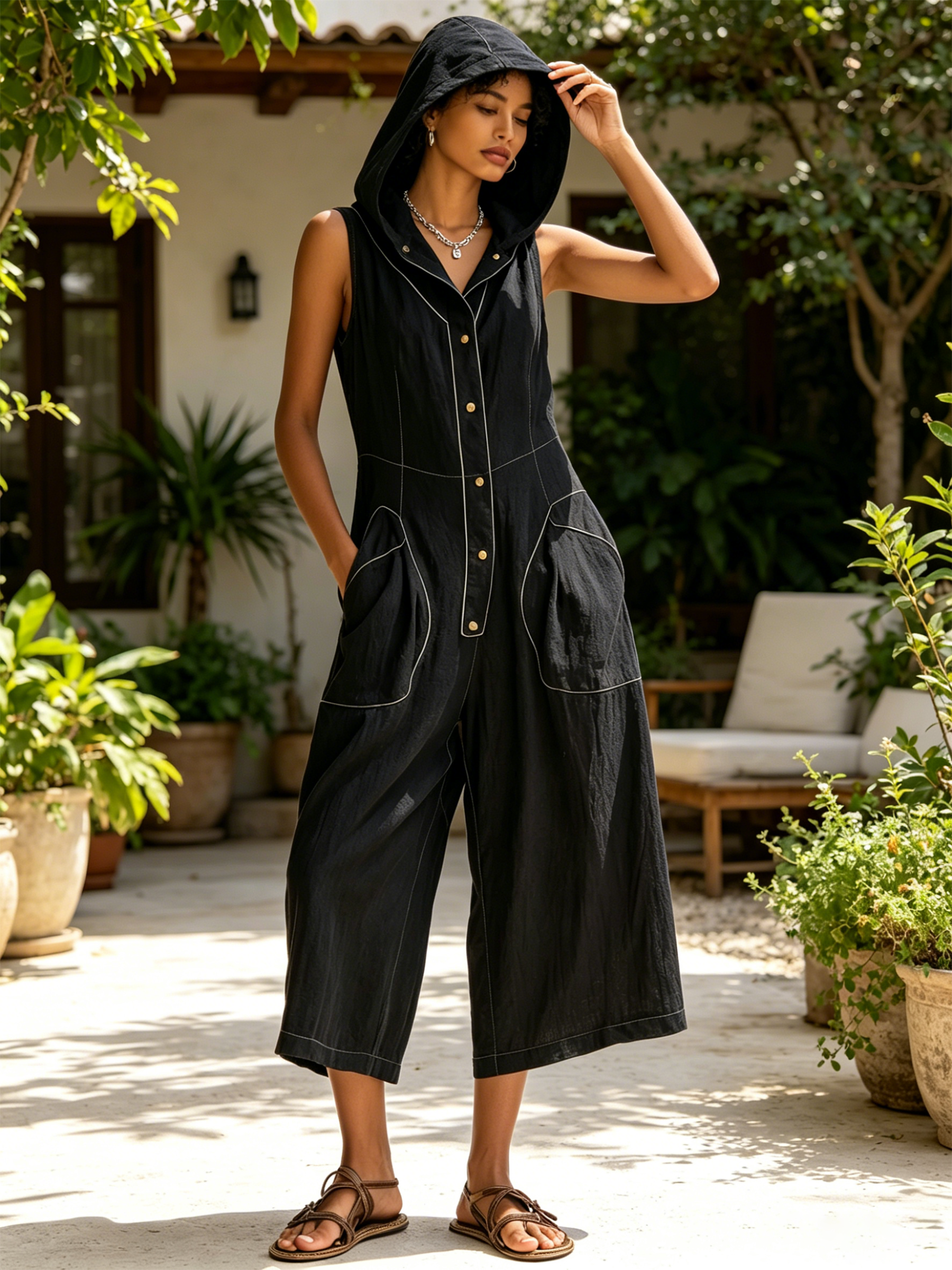 Black Contrast Stitch Hooded Sleeveless Wide-Leg Cotton-Blend Jumpsuit