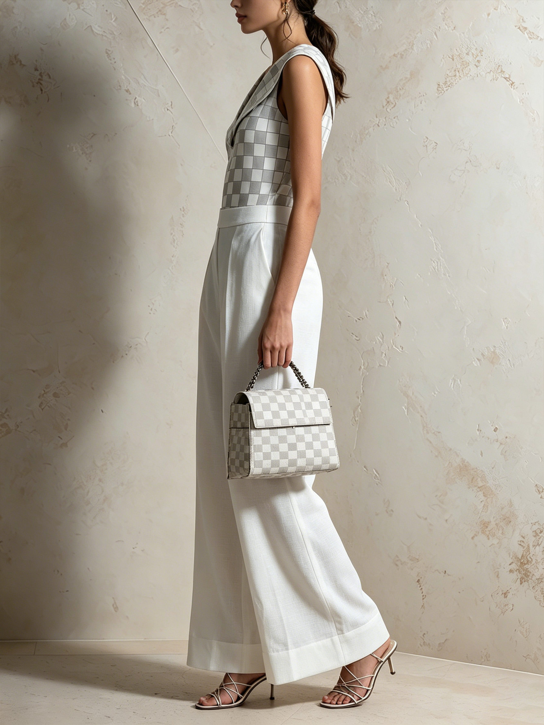 Checkered Lapel Sleeveless Top & High Waist Wide Leg Pants Two-Piece Set