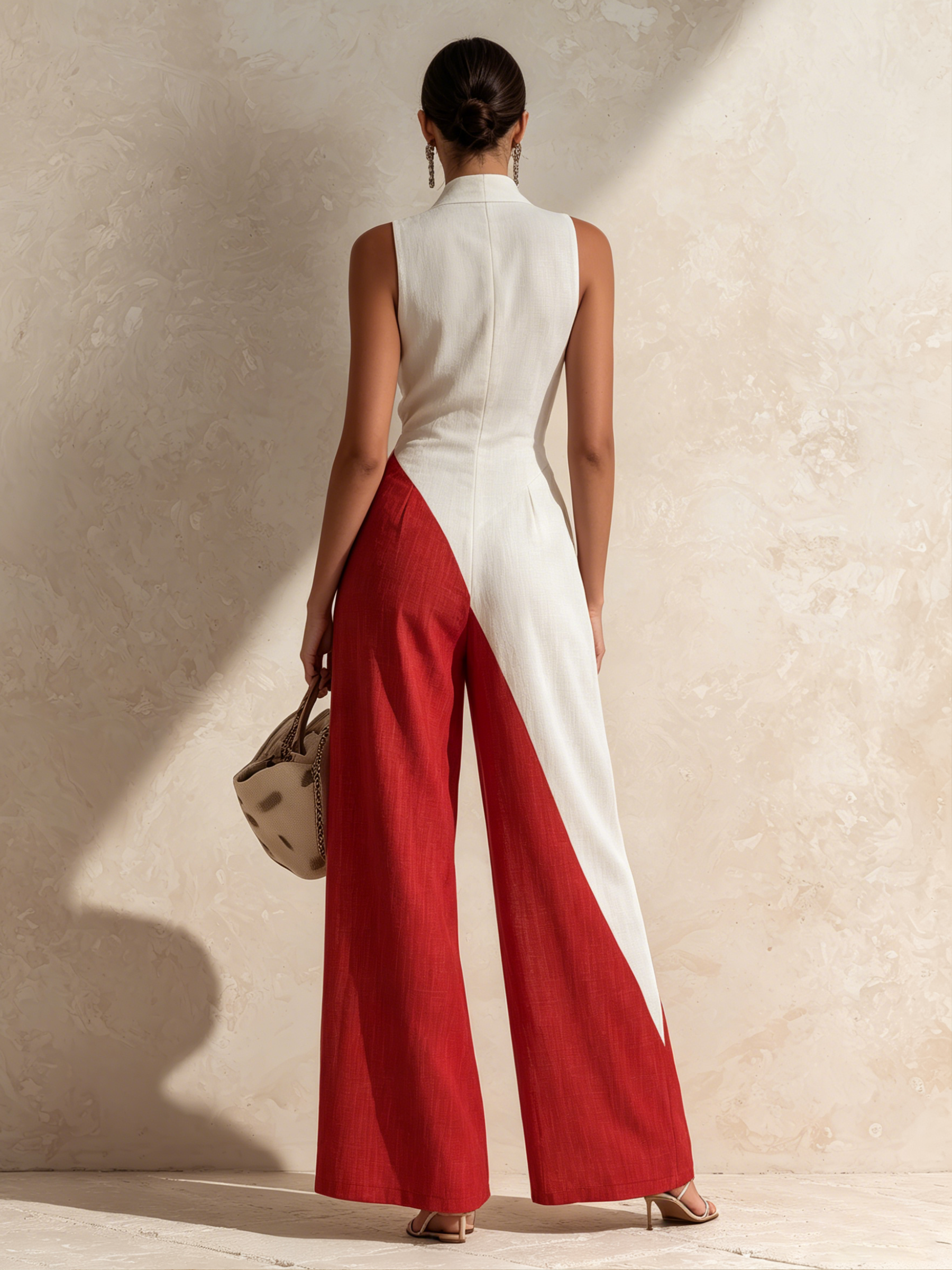 Two-Tone Color Block Wrap V-Neck Linen Wide-Leg Jumpsuit