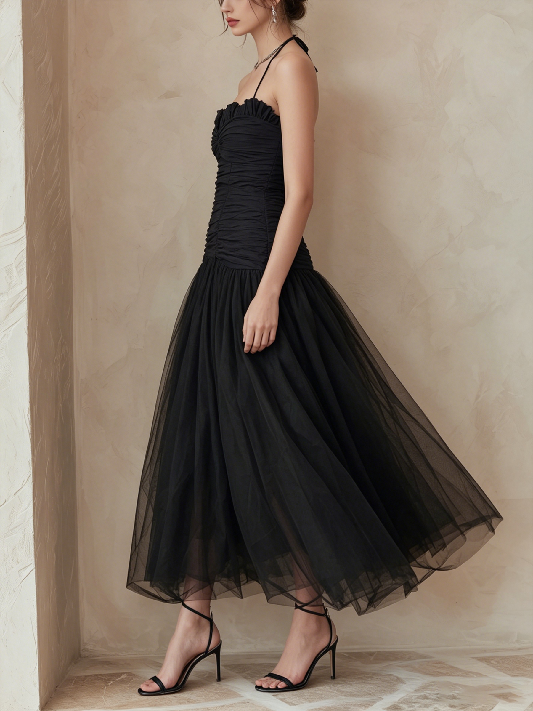 Ruffled Halter Ruched Bodice Tulle Midi Black Evening Dress
