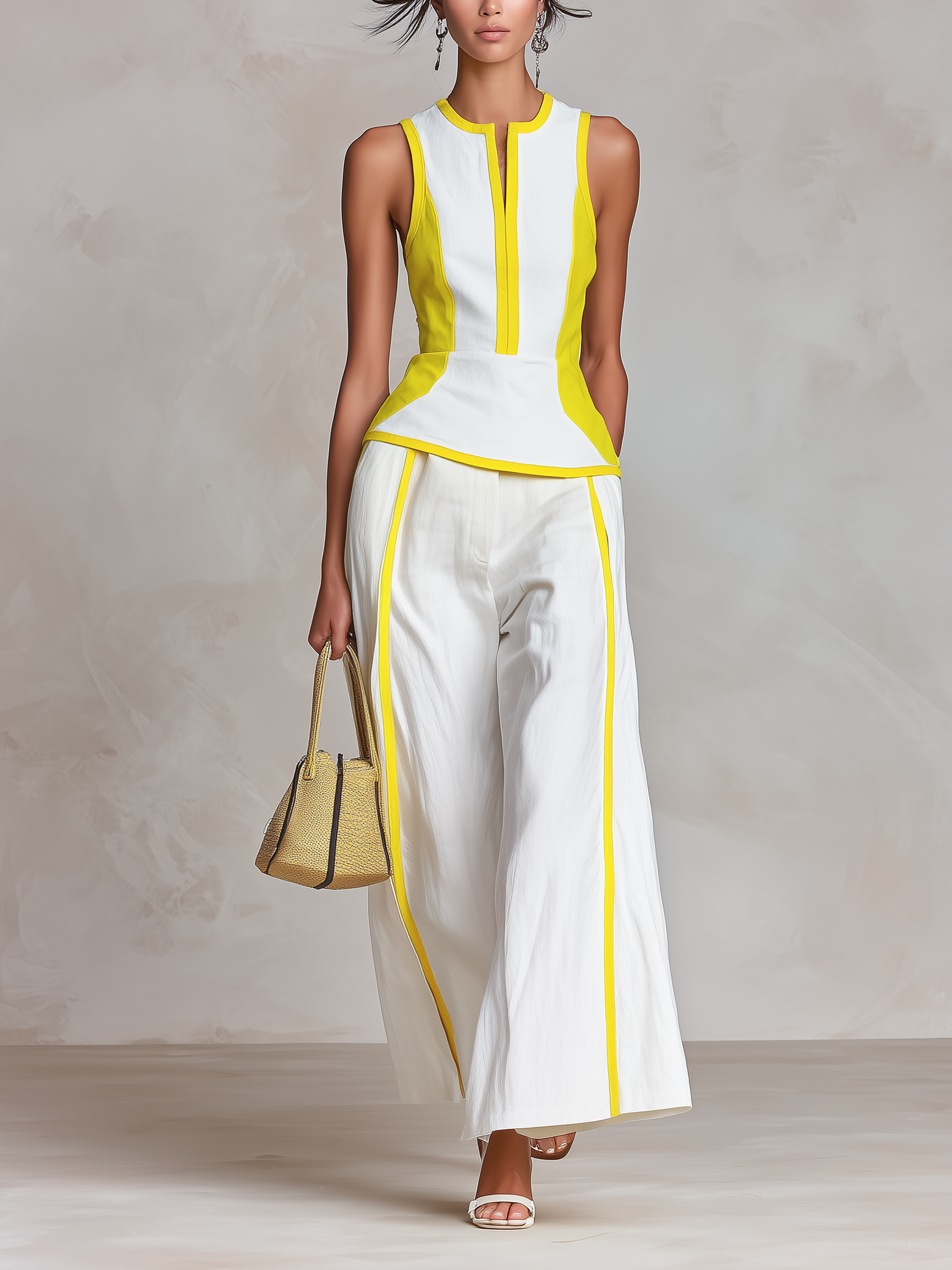 Color Block Sleeveless Fitted Top & Side Stripe Wide Leg Pants Two-Piece Set