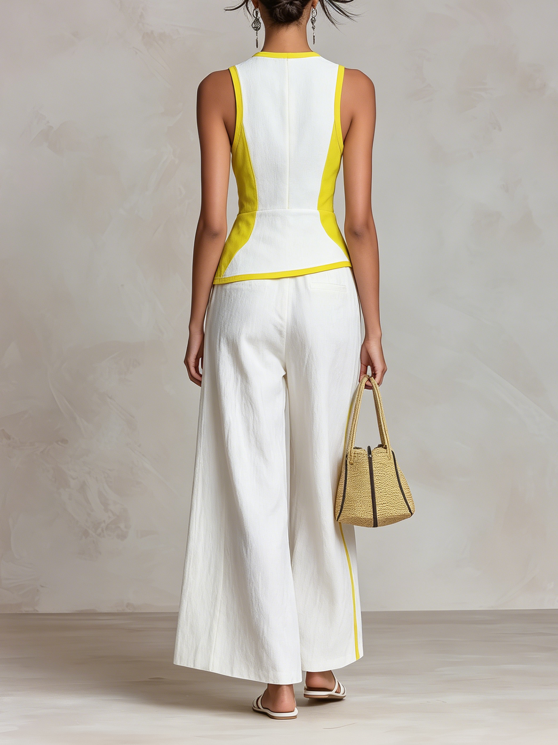 Color Block Sleeveless Fitted Top & Side Stripe Wide Leg Pants Two-Piece Set