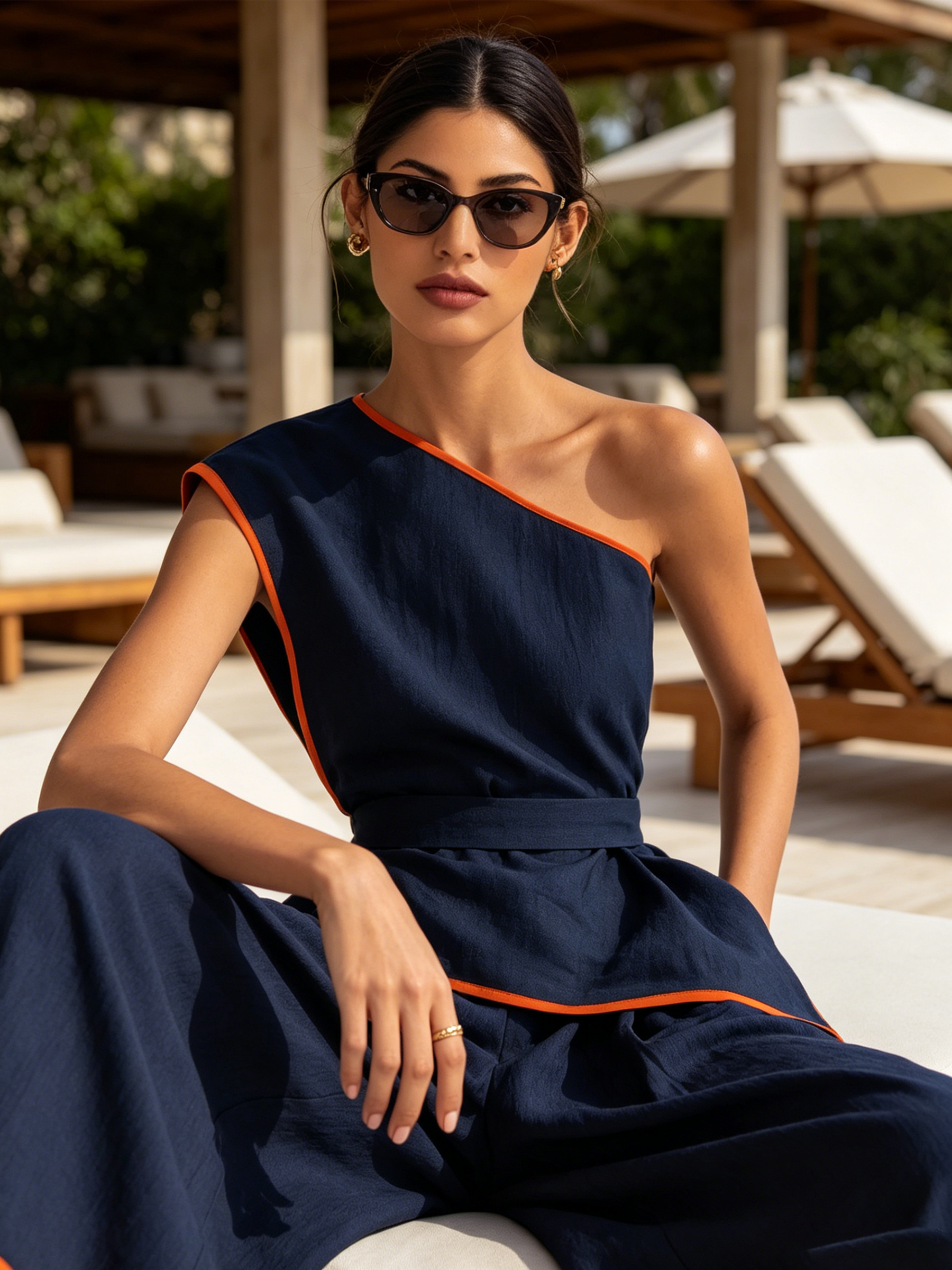 Asymmetric One-Shoulder Contrast Orange Piping Belted Wide Leg Two-Piece Set