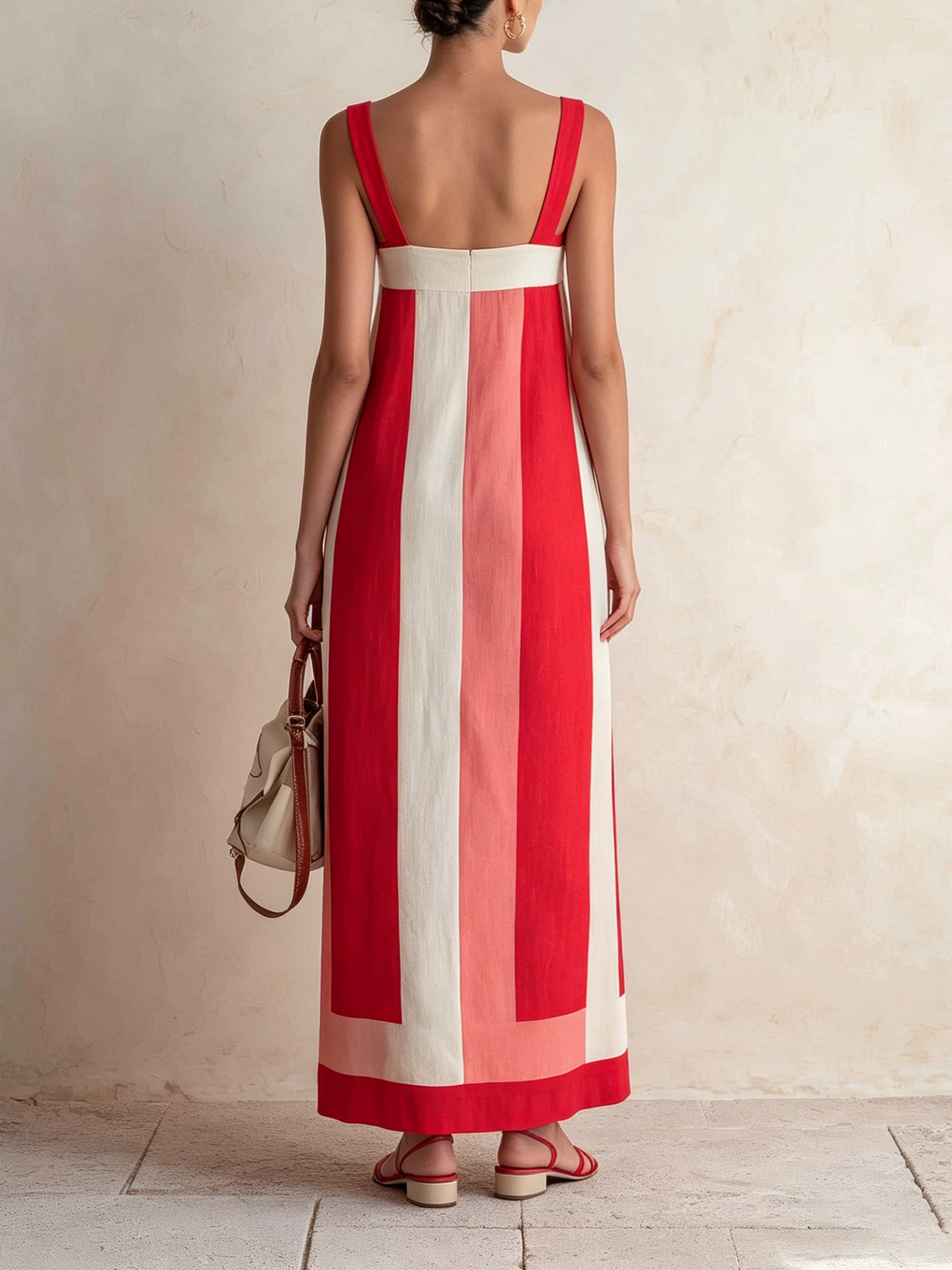 Color Block Linen Blend Square Neck Slip Maxi Dress, Casual Vacation Pocket Long Sundress
