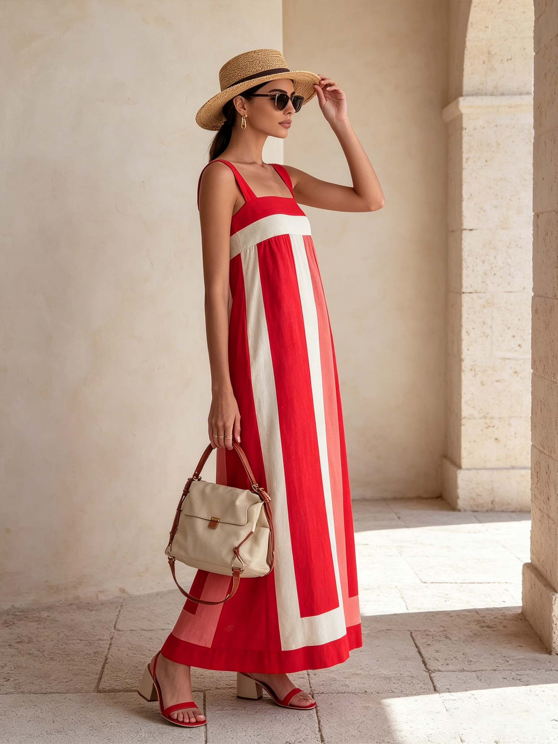 Color Block Linen Blend Square Neck Slip Maxi Dress, Casual Vacation Pocket Long Sundress