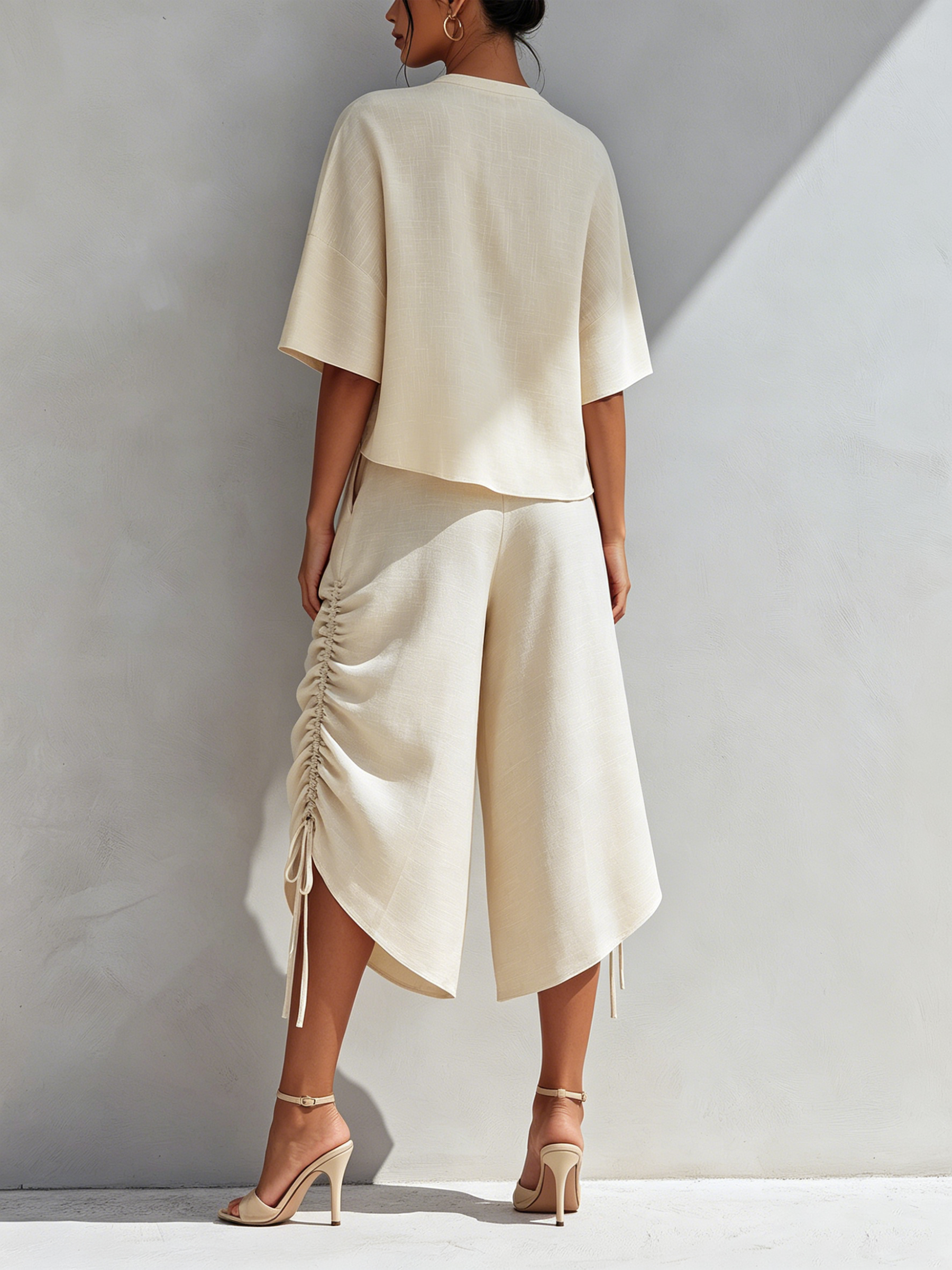 Irregular Cutout Linen Blend Top & Side Drawstring Ruched Asymmetric Culotte Two-Piece Resort Set