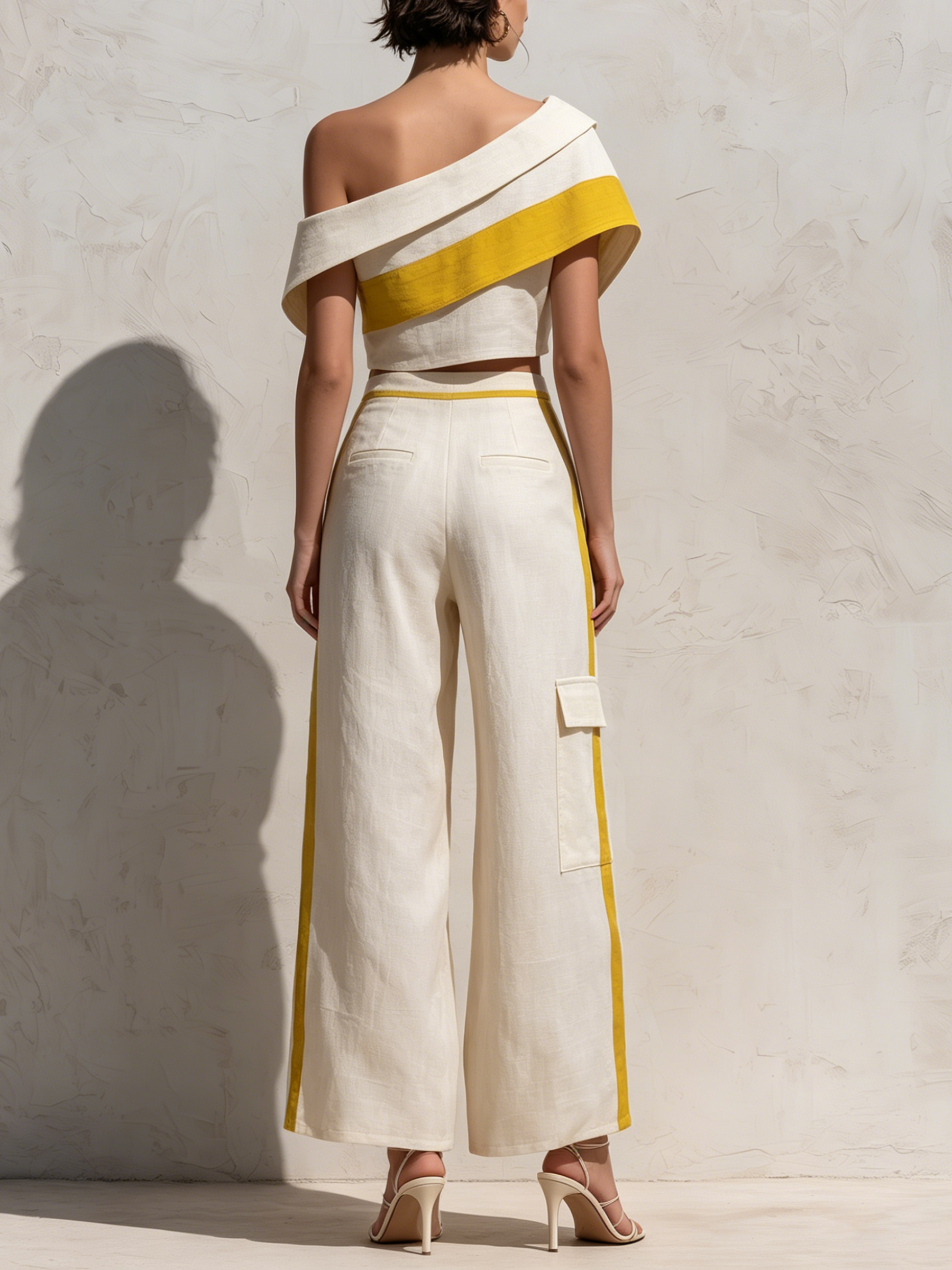 Off Shoulder Yellow Stripe Linen Crop Top & Side Stripe Cargo Wide Leg Pants Two-Piece Vacation Set