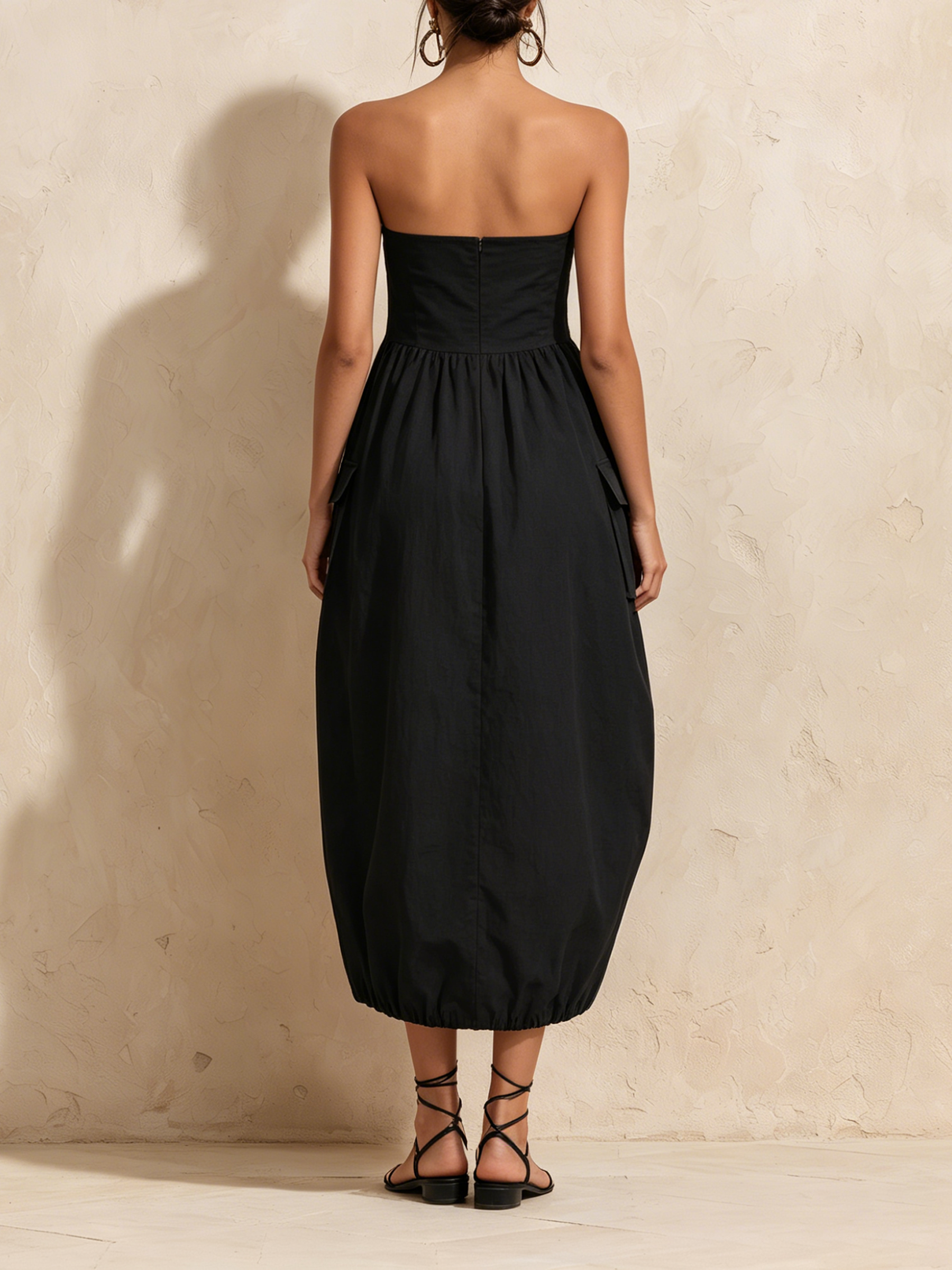 Strapless Big Cargo Pocket Bubble Hem Midi Dress, Casual High Waist Black Vacation Dress