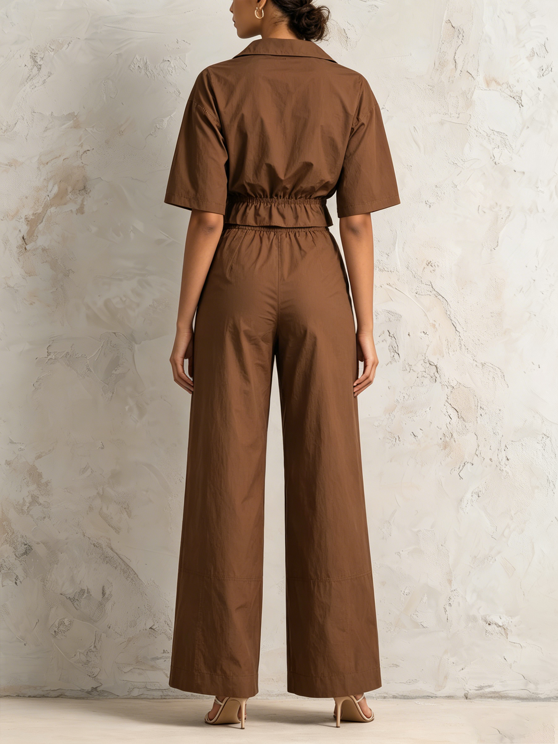 Collared Short Sleeve Cropped Shirt & Elastic High Waist Wide Leg Pants 2-Piece Casual Set