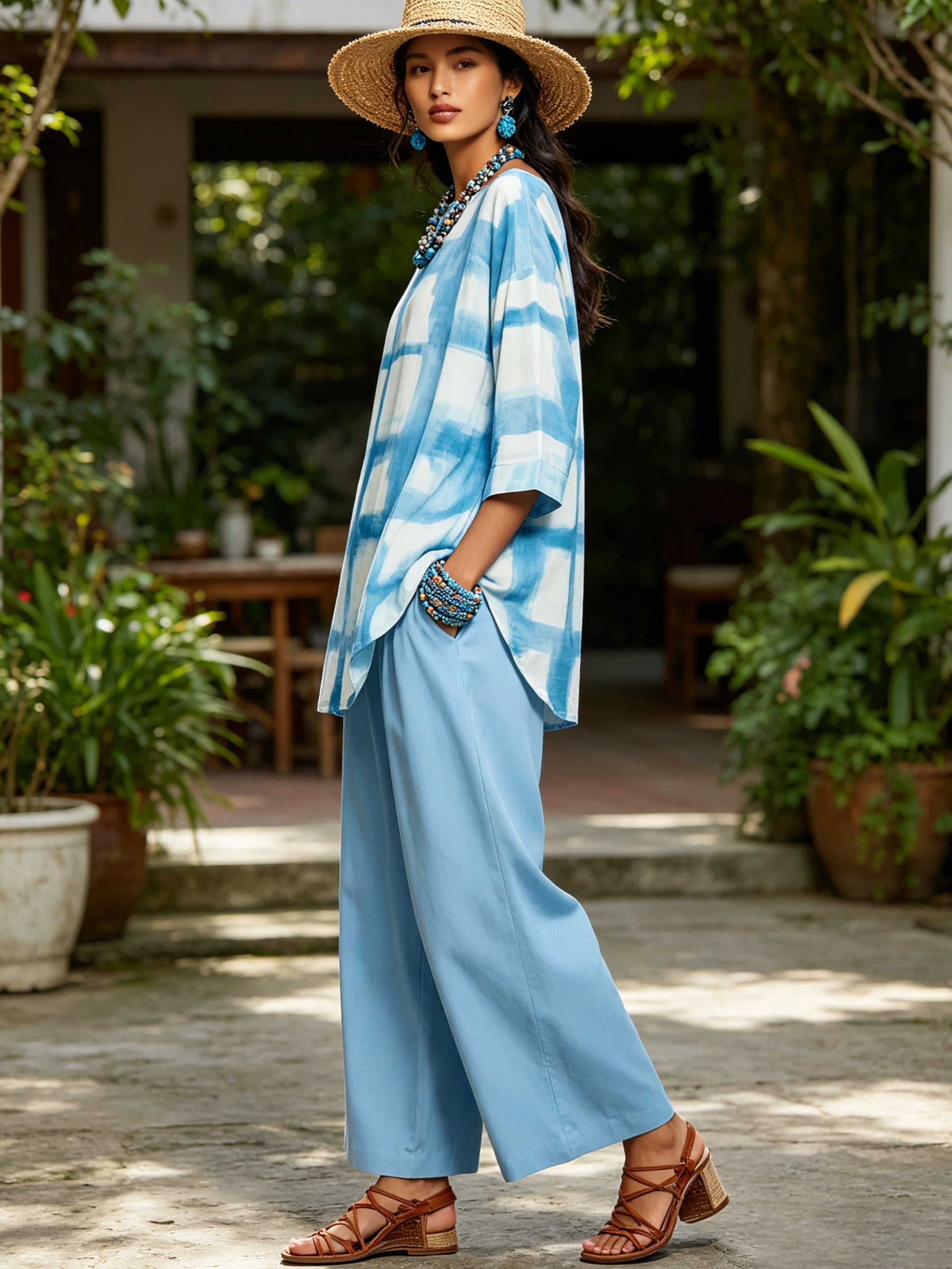 Blue Tie-Dye 2-Piece Set: Loose Tunic & Wide-Leg Pants