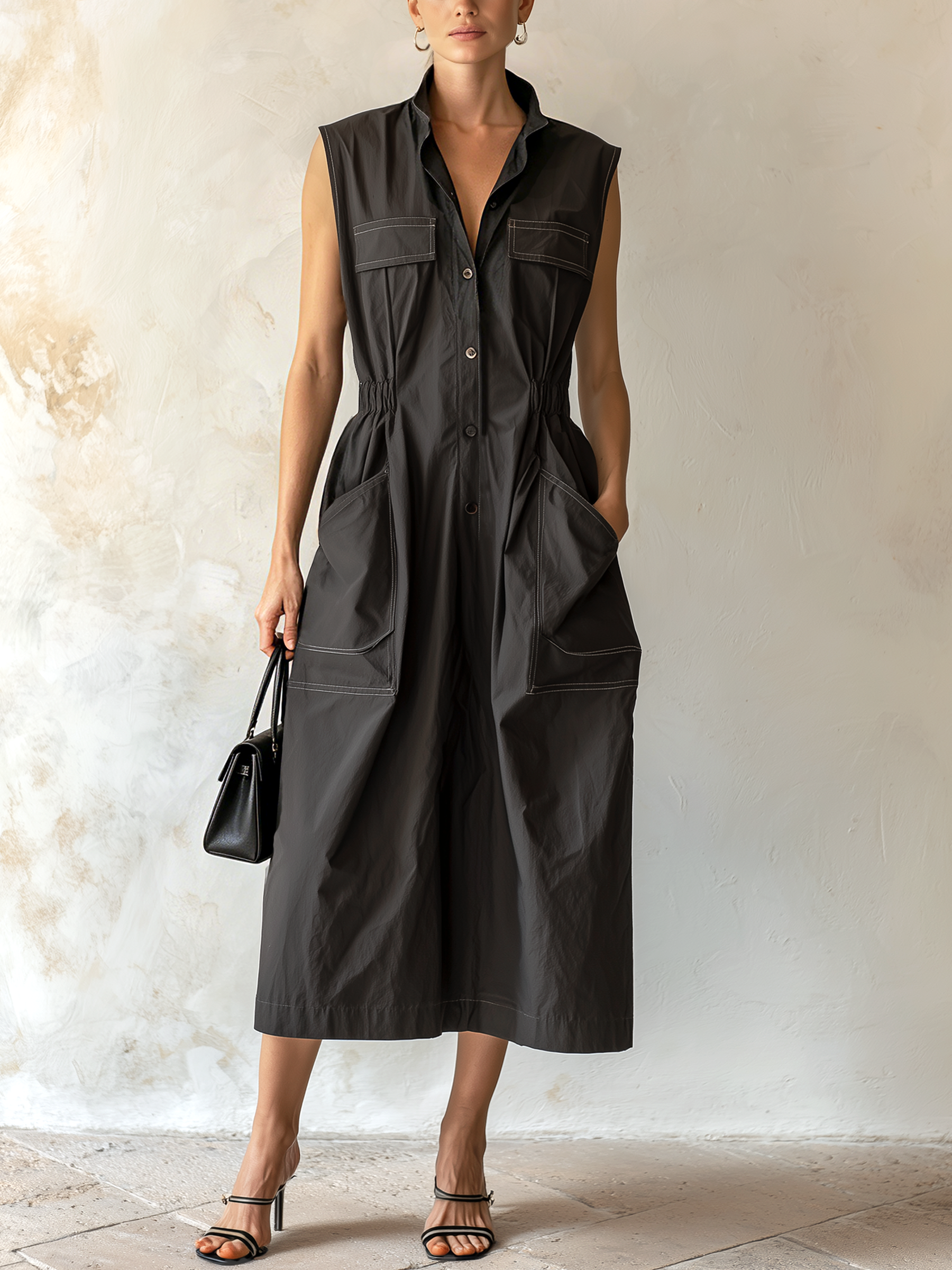 Contrast Stitch Stand Collar Sleeveless Utility Shirt Dress