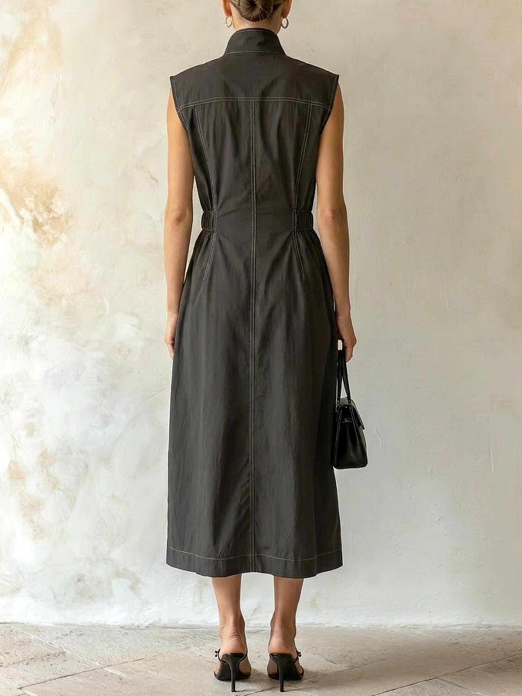 Contrast Stitch Stand Collar Sleeveless Utility Shirt Dress