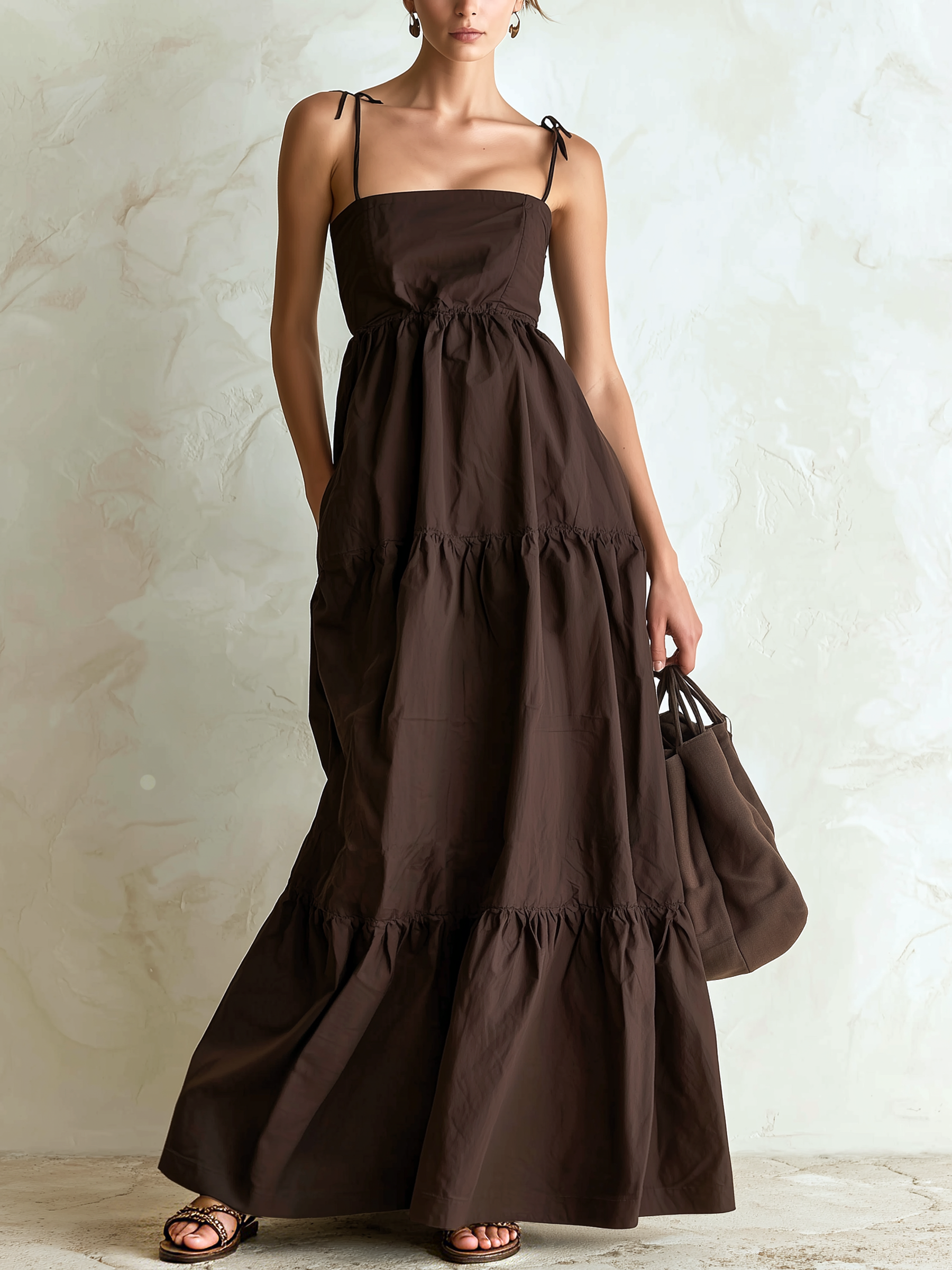 Chocolate Brown Tiered Tie Strap Maxi Dress