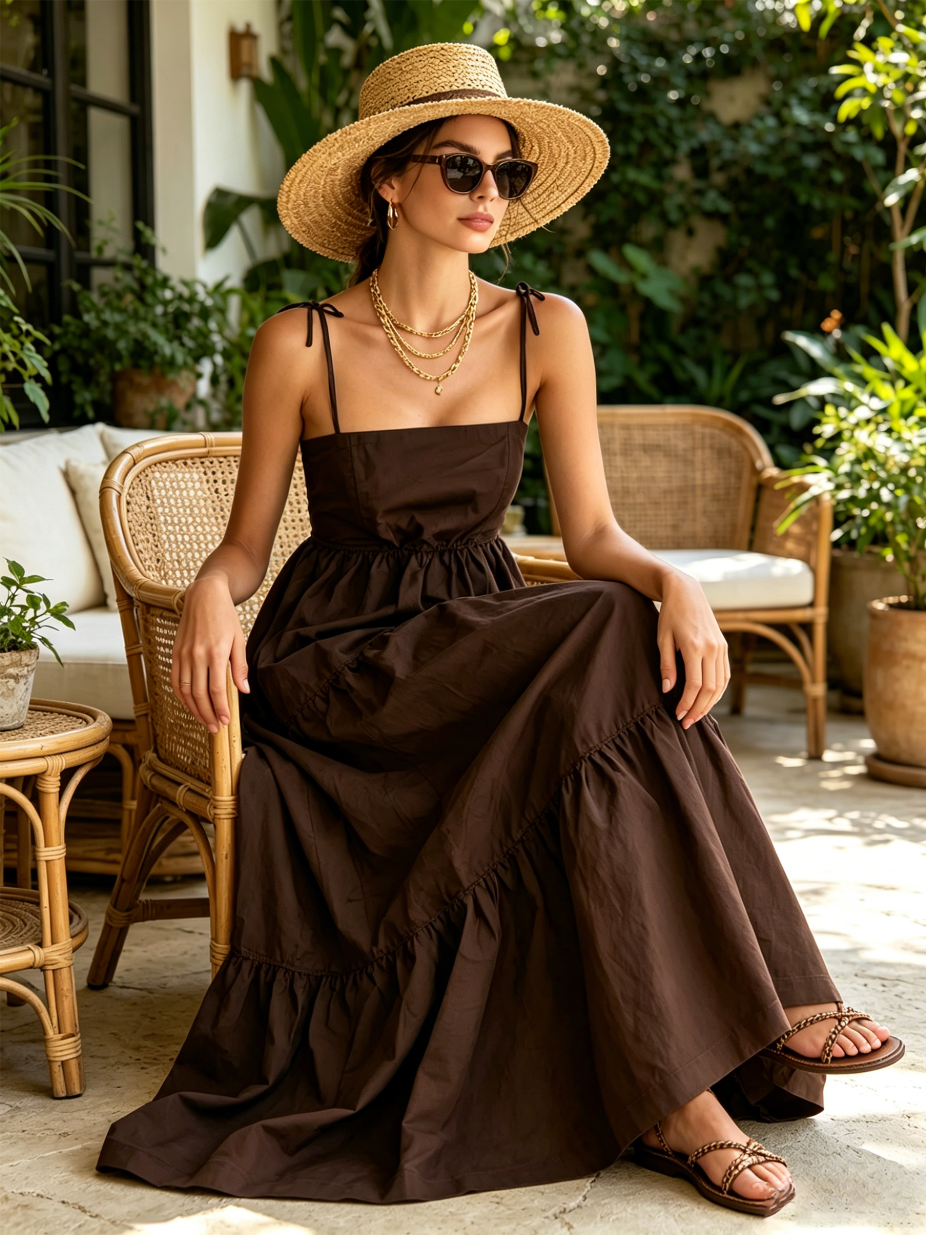 Chocolate Brown Tiered Tie Strap Maxi Dress