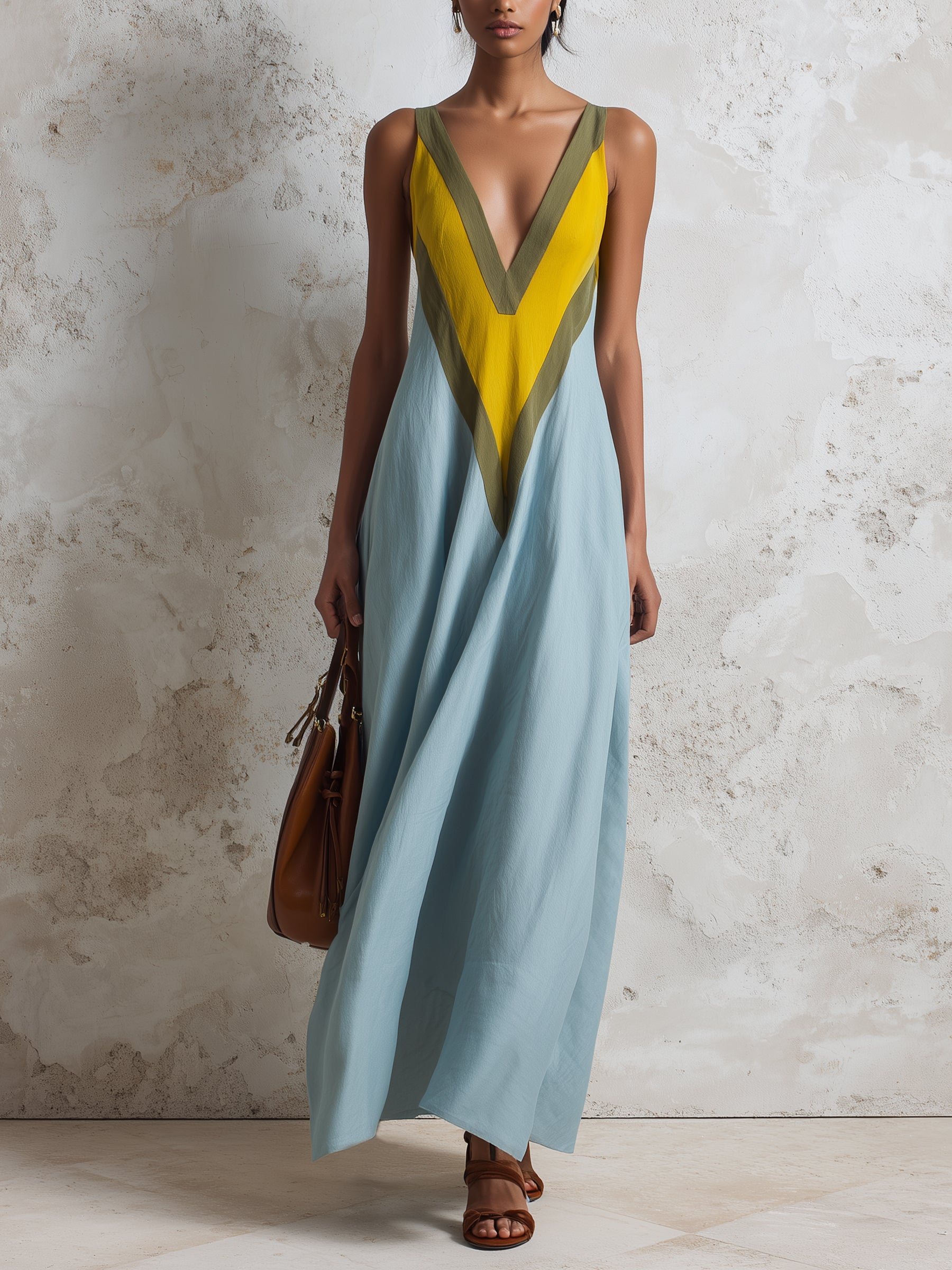 Color Block Deep V Maxi Dress For Women – Sleeveless Flowy Summer Dres