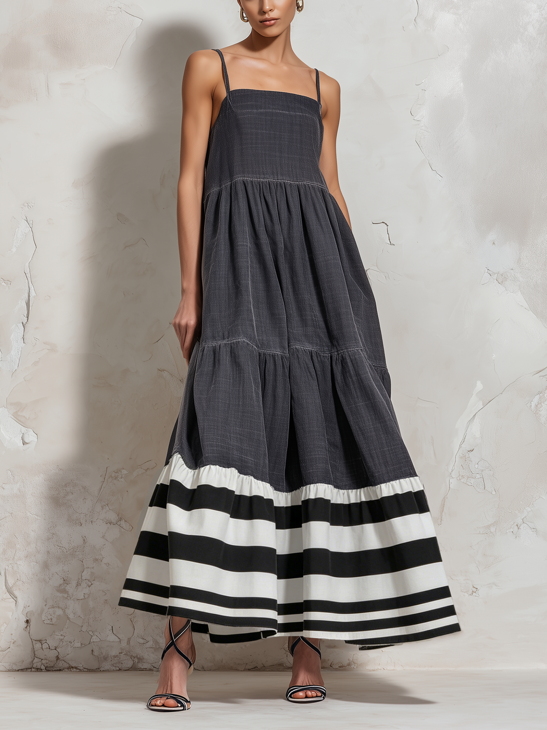 Square Neck Spaghetti Strap Tiered Maxi Dress Bold Black White Stripe Hem Casual Flowy Sundress