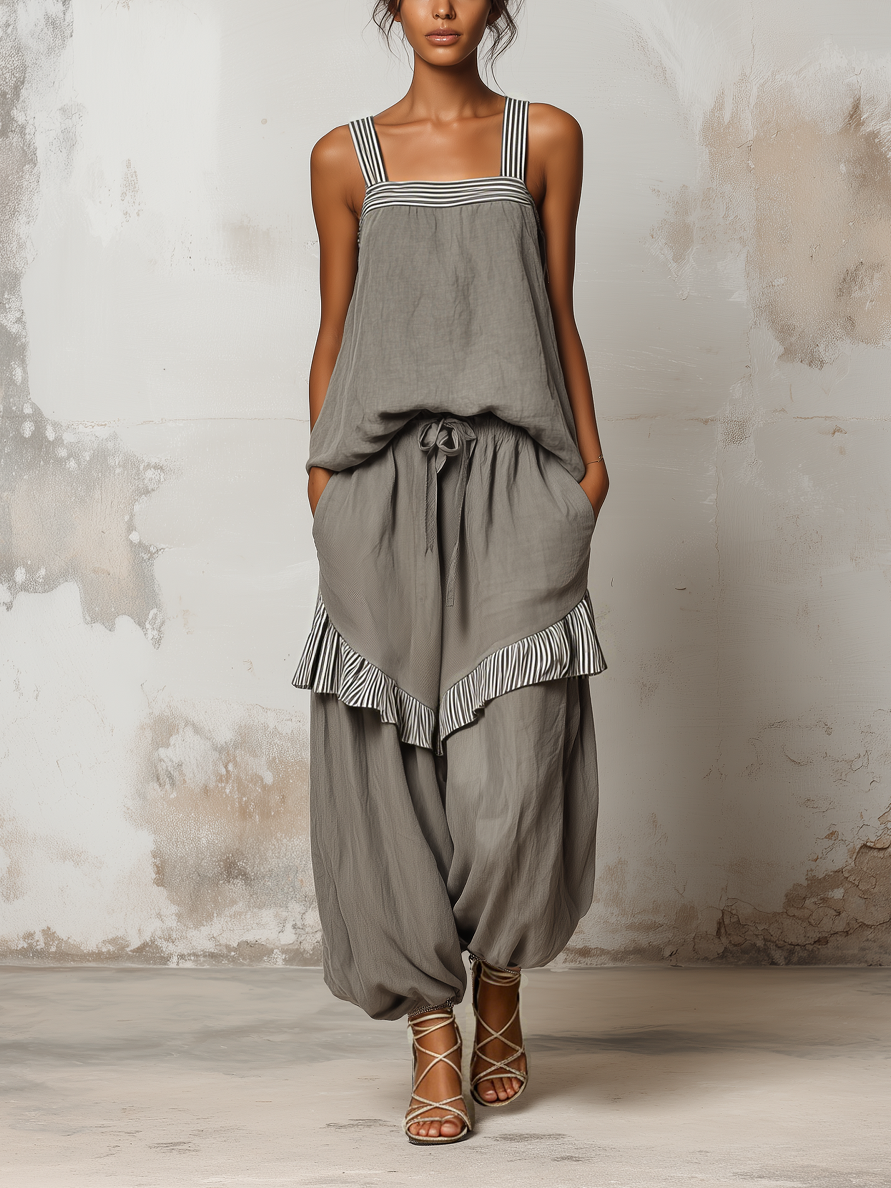 Grey Striped Trim Linen Two Piece Set Square Strap Tank Top Balloon Harem Pants Outfit