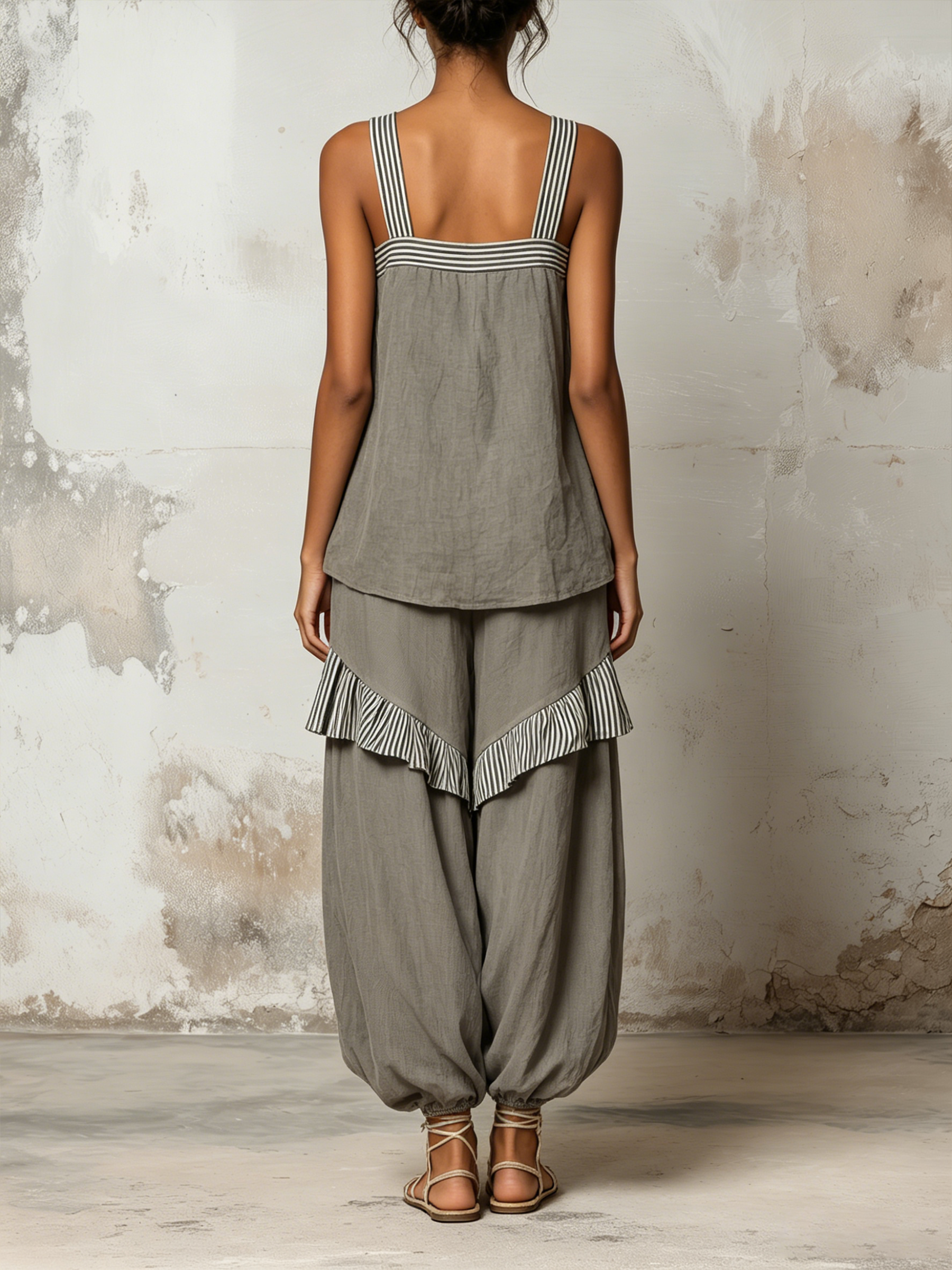 Grey Striped Trim Linen Two Piece Set Square Strap Tank Top Balloon Harem Pants Outfit