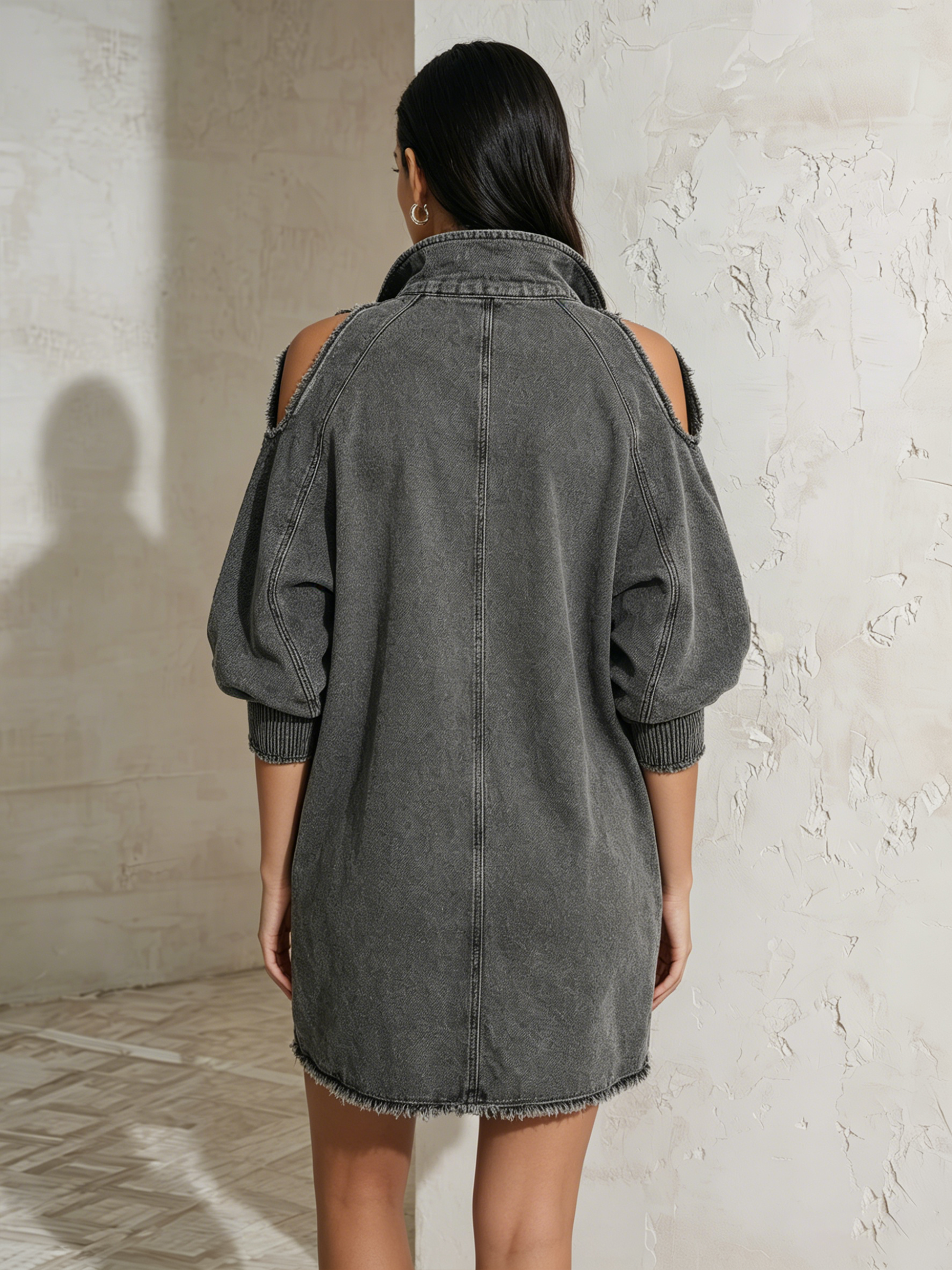 Vintage Washed Charcoal Denim Half Zip Cold Shoulder Mini Dress Raw Fray Hem Oversized Pocket Shirt Dress