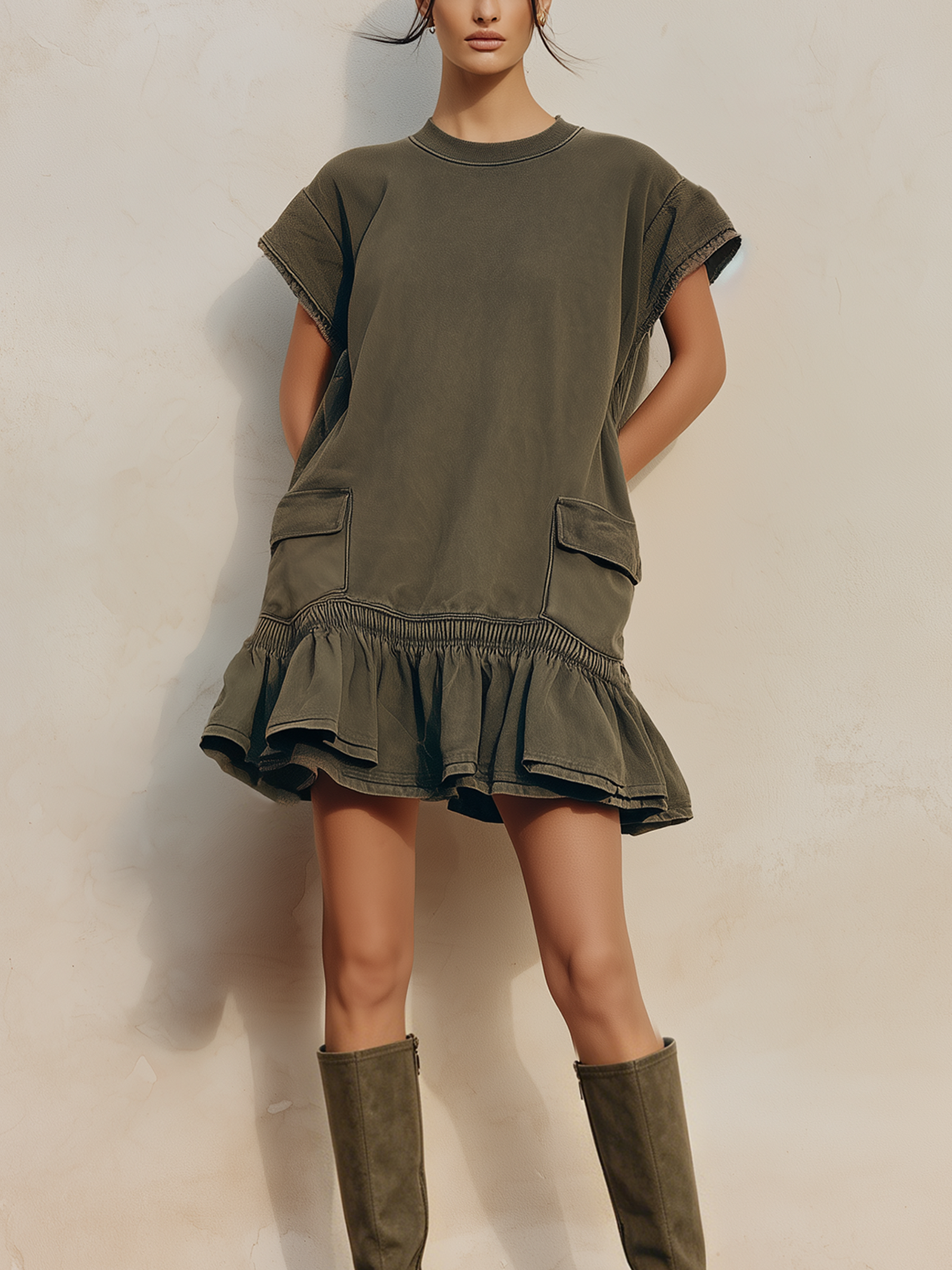Oversized Cap Sleeve Cargo Ruffle Hem Sweat Mini Dress