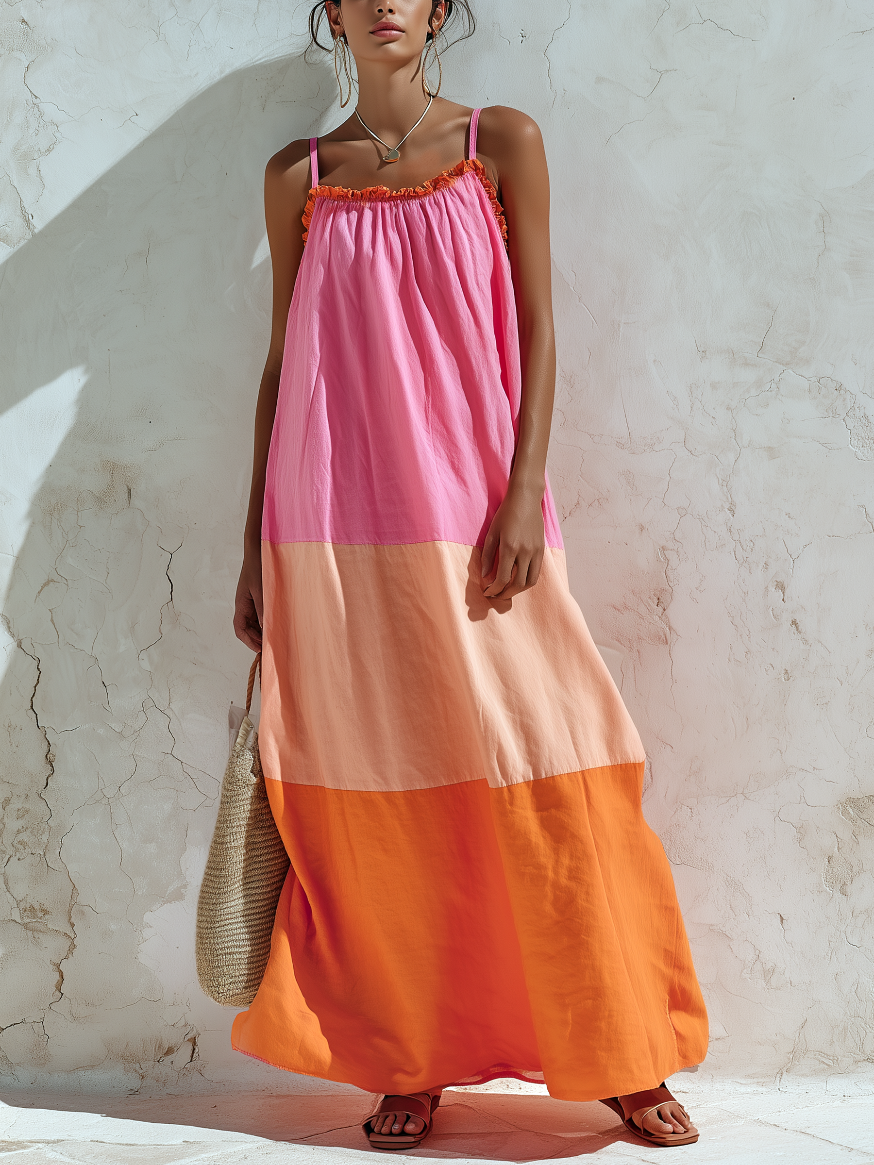 Pink Peach Orange Color Block Spaghetti Strap Tiered Maxi Dress