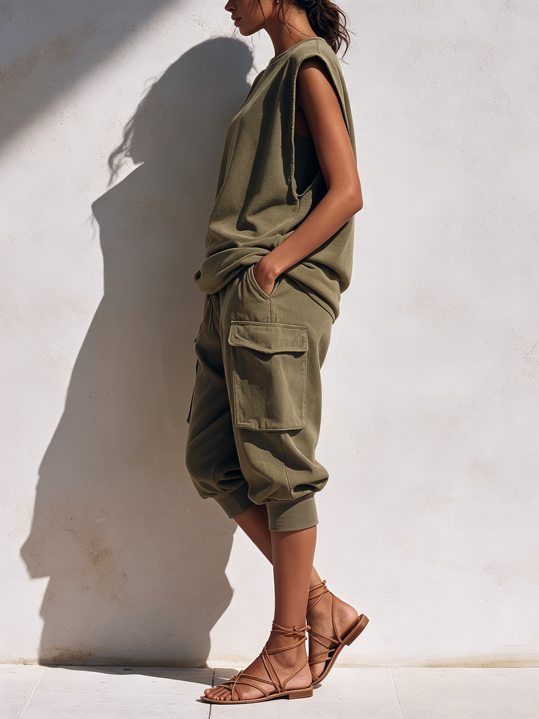 Raw Edge Sleeveless Sweat Top & Elastic Waist Cargo Capri Co-Ord Set