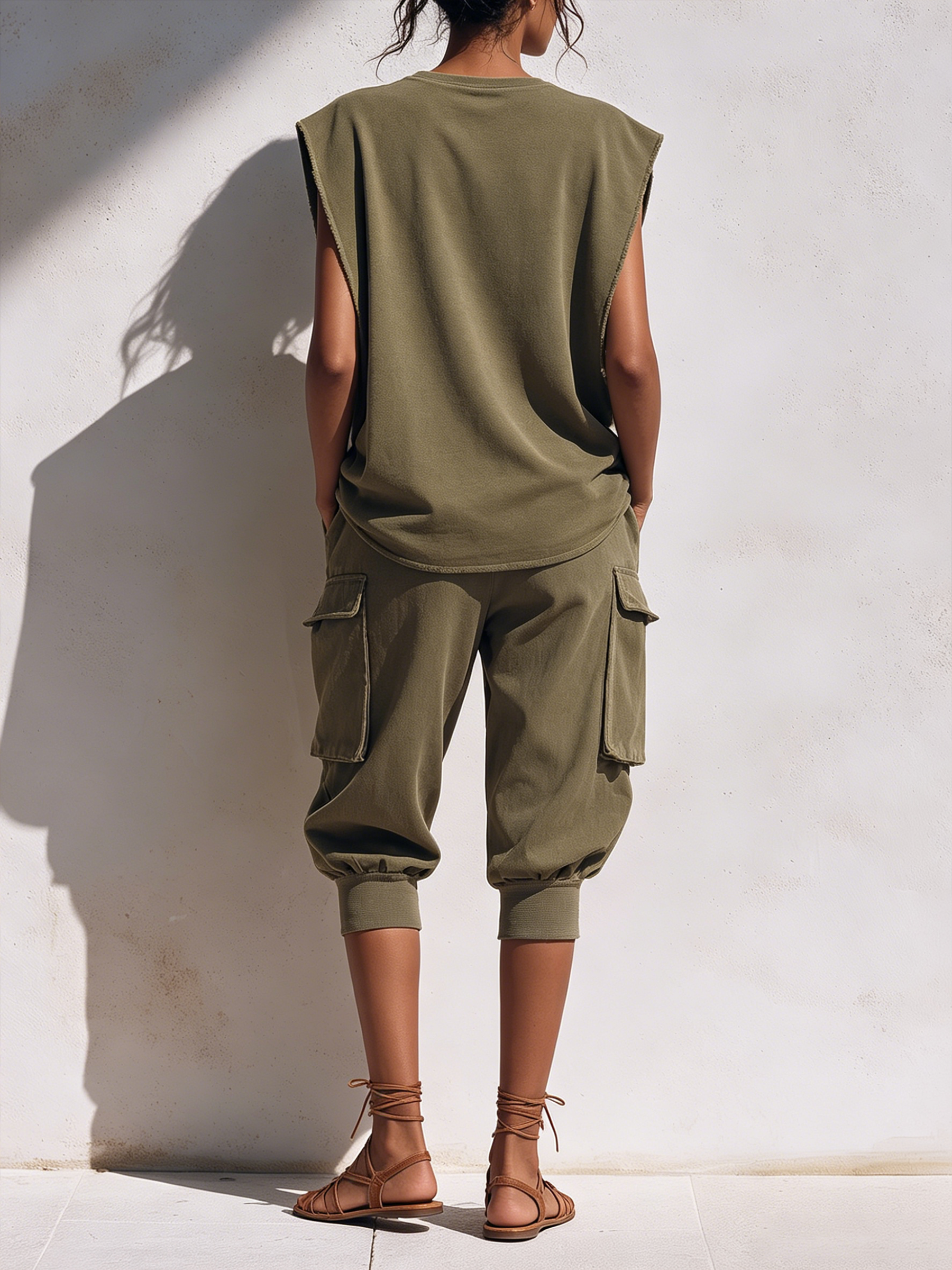 Raw Edge Sleeveless Sweat Top & Elastic Waist Cargo Capri Co-Ord Set