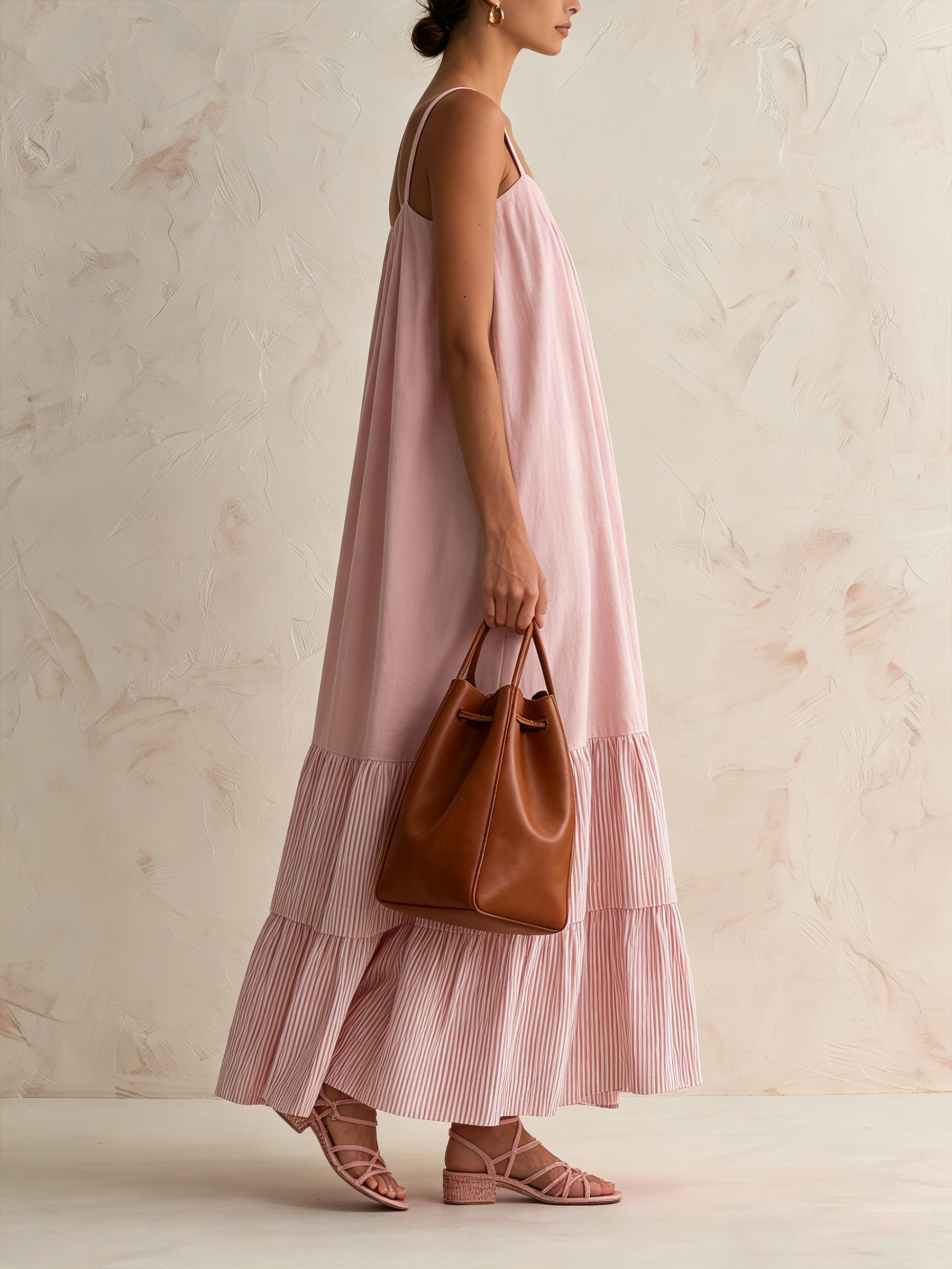 Adjustable Strap Smocked Contrast Stripe Tiered Midi Slip Dress