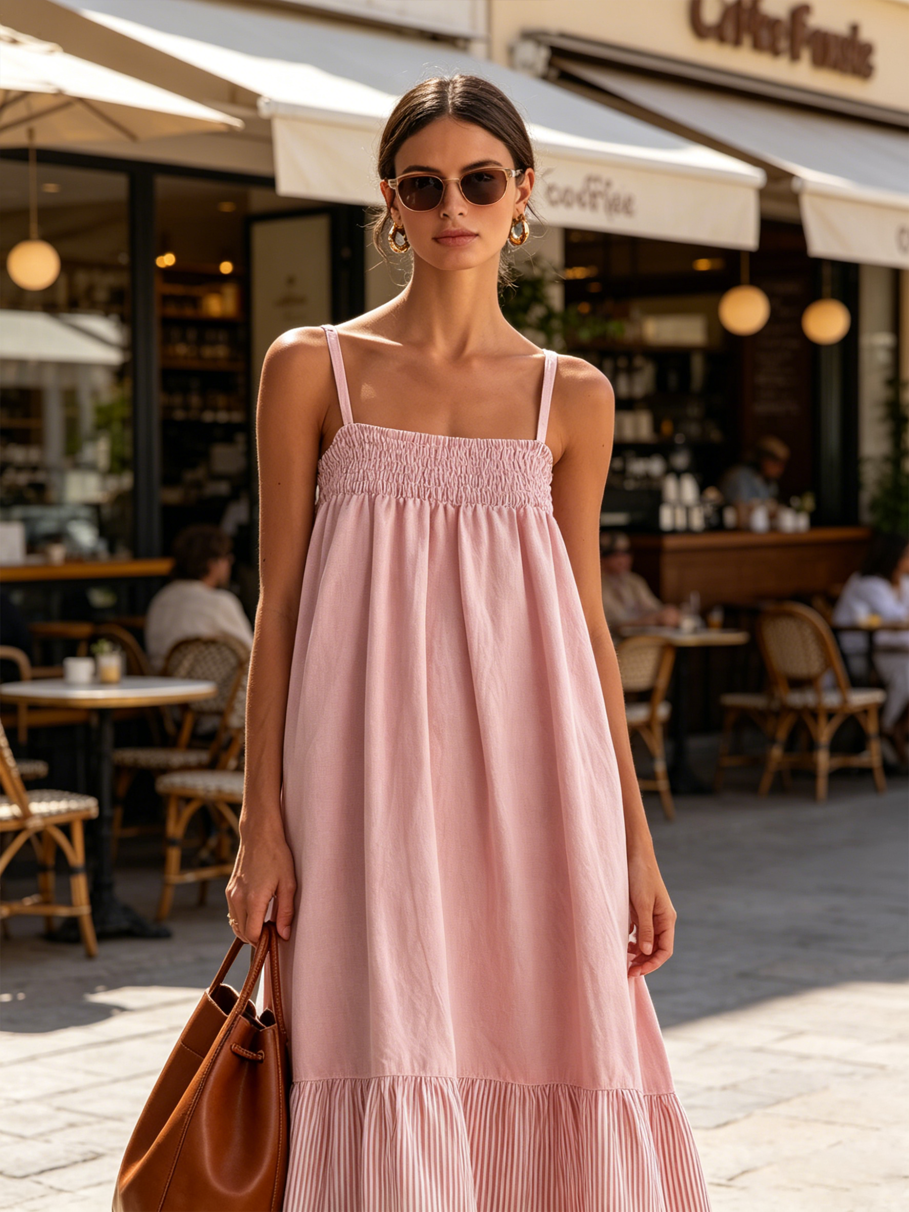 Adjustable Strap Smocked Contrast Stripe Tiered Midi Slip Dress