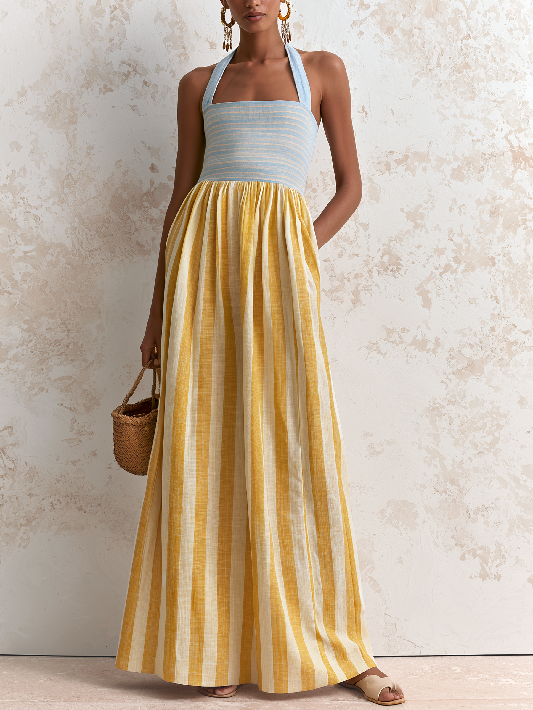 Linen Blend Halter Striped Maxi Dress With Side Pockets For Summer Vacation