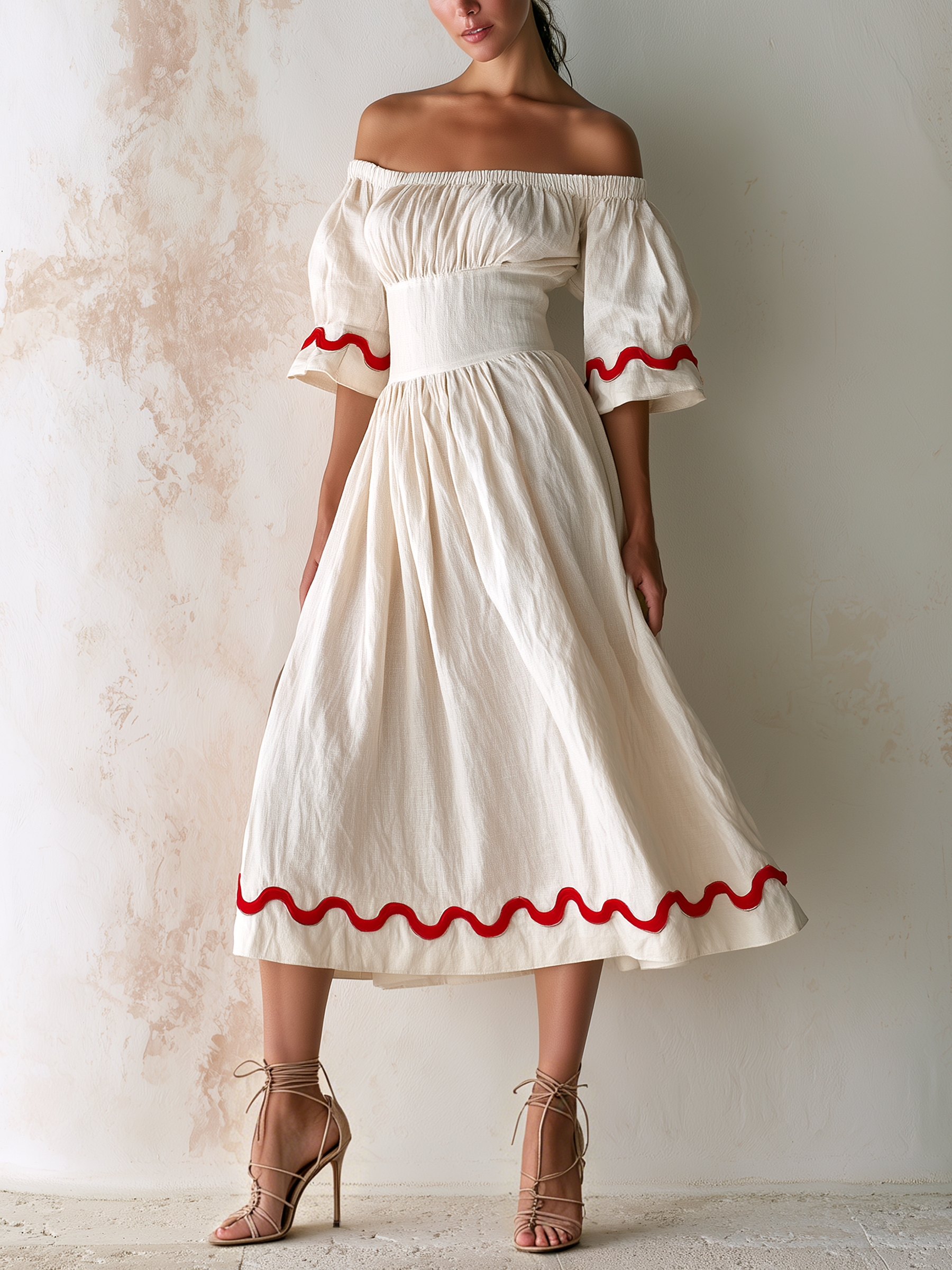 Off Shoulder Puff Sleeve Linen Midi Dress With Ric Rac Trim – Vacation Resort Fit-and-Flare Sundress