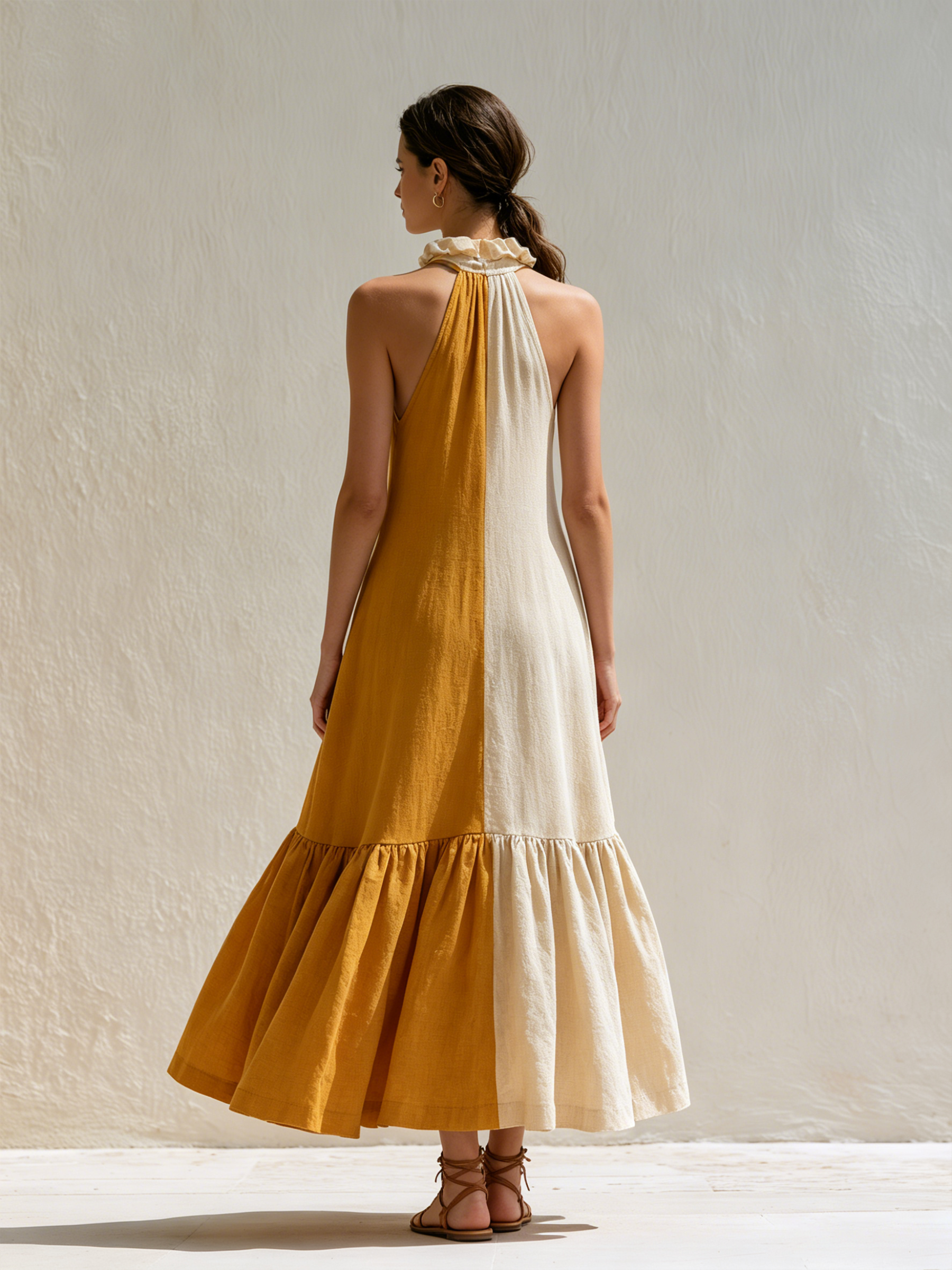 Linen Halter Ruffled Midi Swing Dress – Color Block Vacation Maxi Sundress