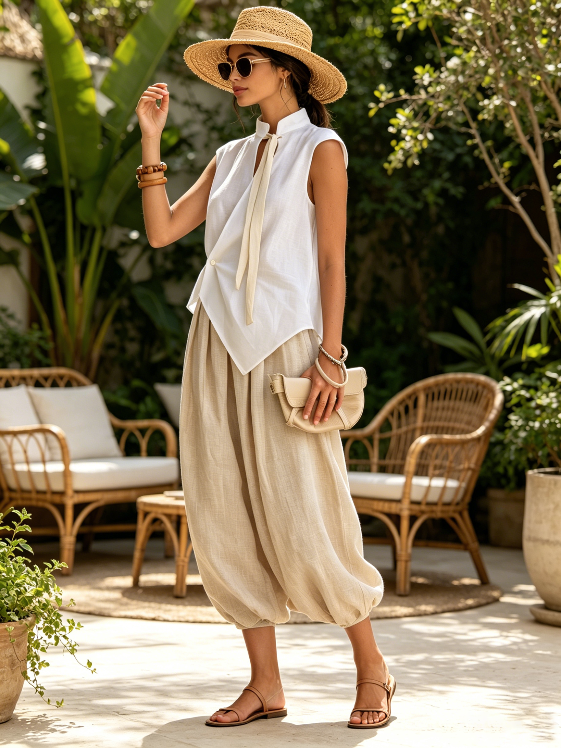 Stand Collar Tie Sleeveless Wrap Linen Top & Beige Balloon Linen Pants Two-Piece Set