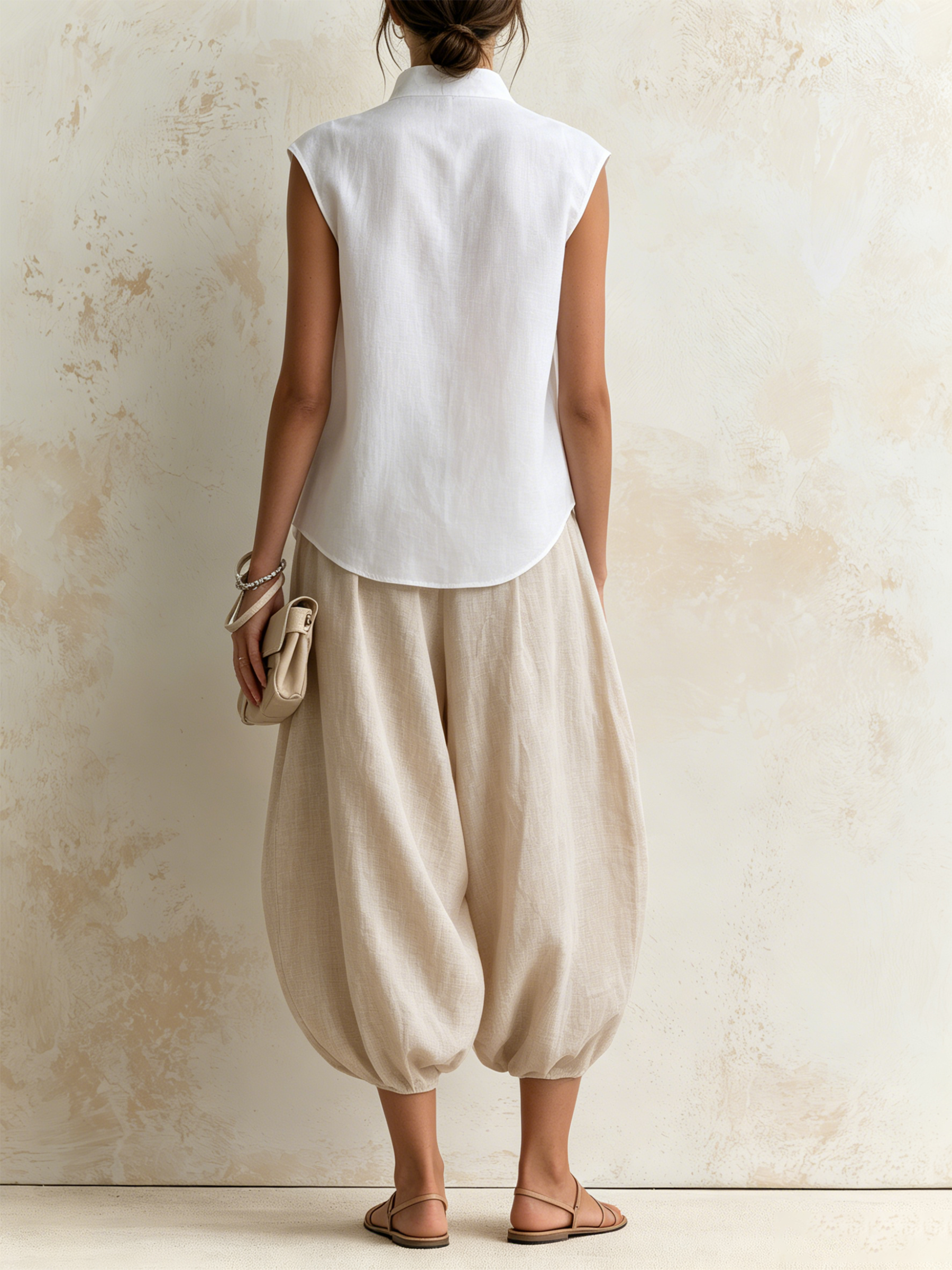 Stand Collar Tie Sleeveless Wrap Linen Top & Beige Balloon Linen Pants Two-Piece Set