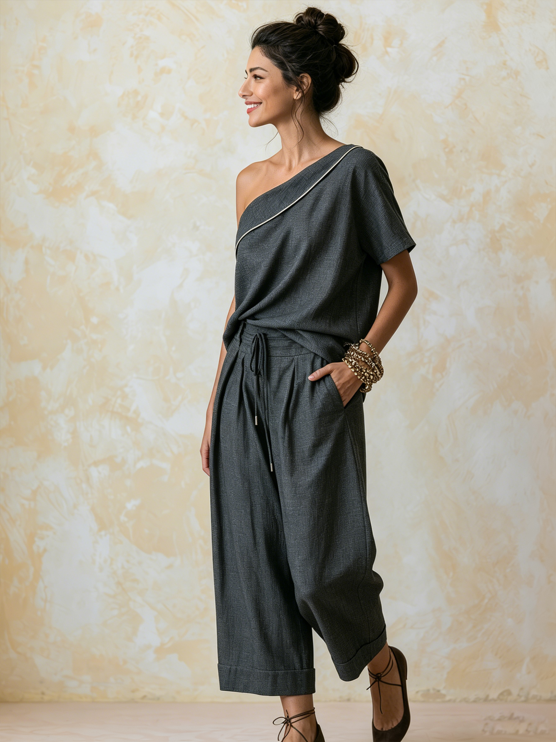 Asymmetrical One Shoulder Top & Pleated Drawstring Culotte Two-Piece Outfit