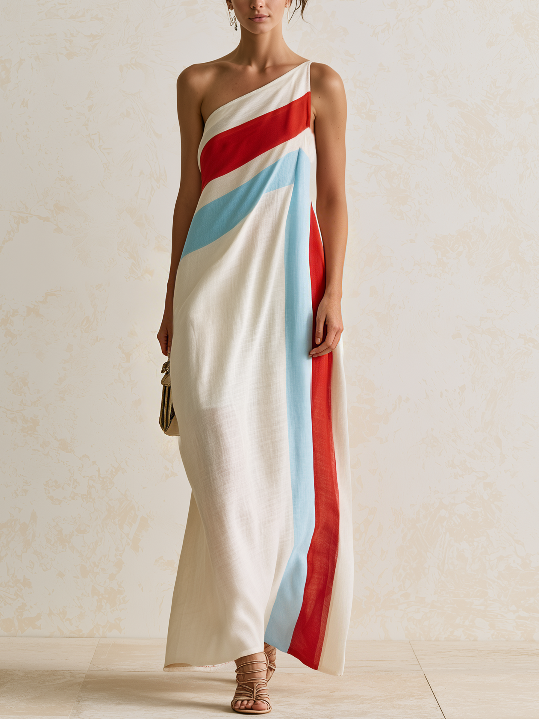 Color Block Stripe One Shoulder Linen Blend Maxi Dress