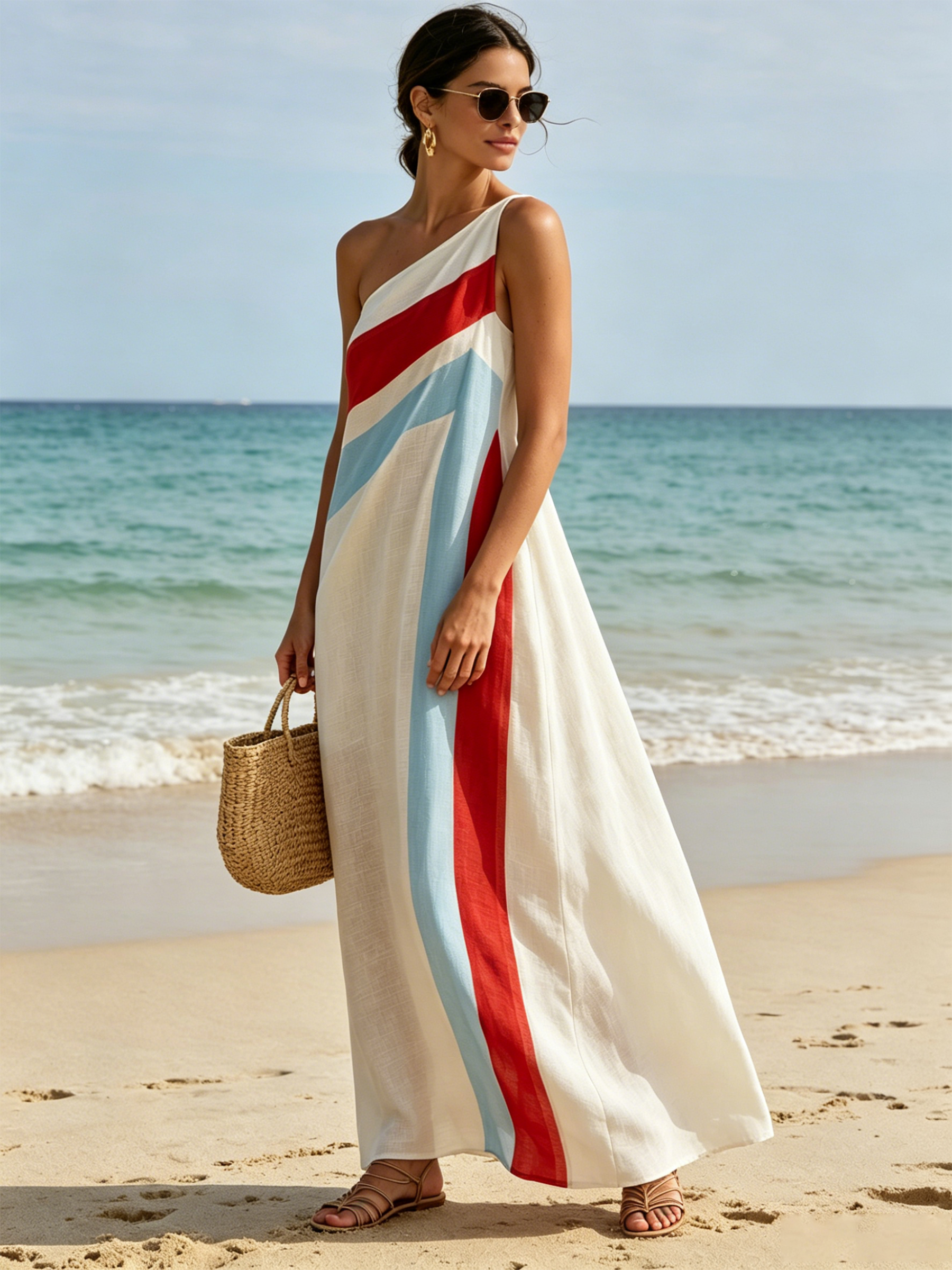 Color Block Stripe One Shoulder Linen Blend Maxi Dress