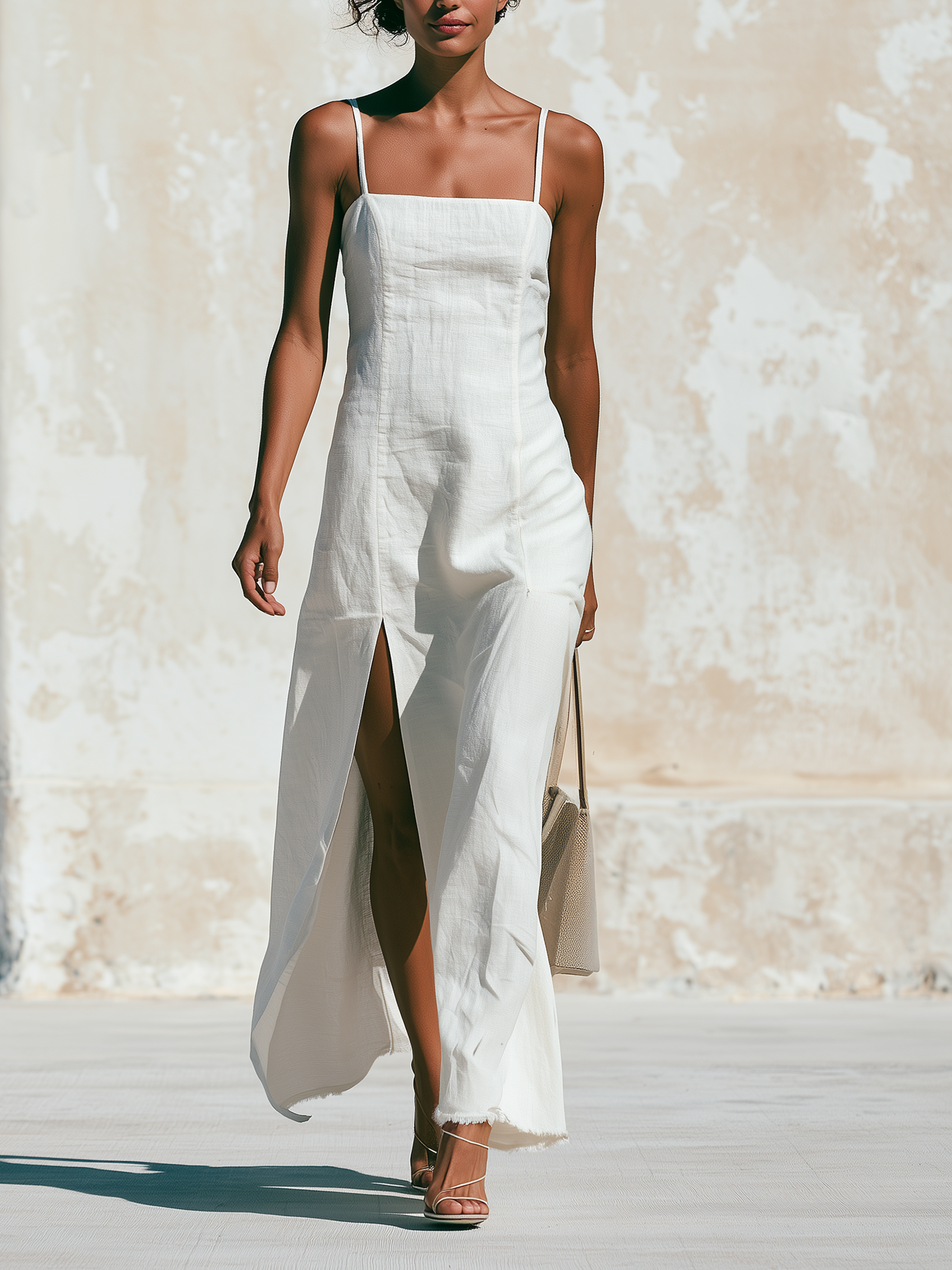 White Linen Square Neck Spaghetti Strap Slit Midi Dress Raw Fray Hem Vacation Casual Slip Dress