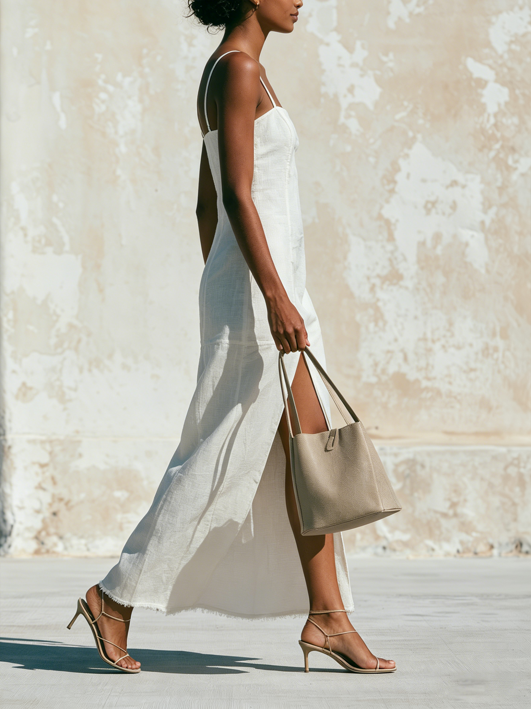 White Linen Square Neck Spaghetti Strap Slit Midi Dress Raw Fray Hem Vacation Casual Slip Dress