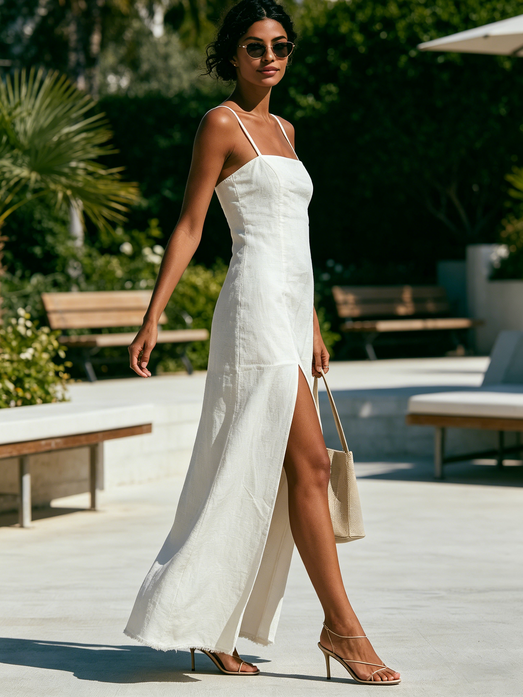 White Linen Square Neck Spaghetti Strap Slit Midi Dress Raw Fray Hem Vacation Casual Slip Dress
