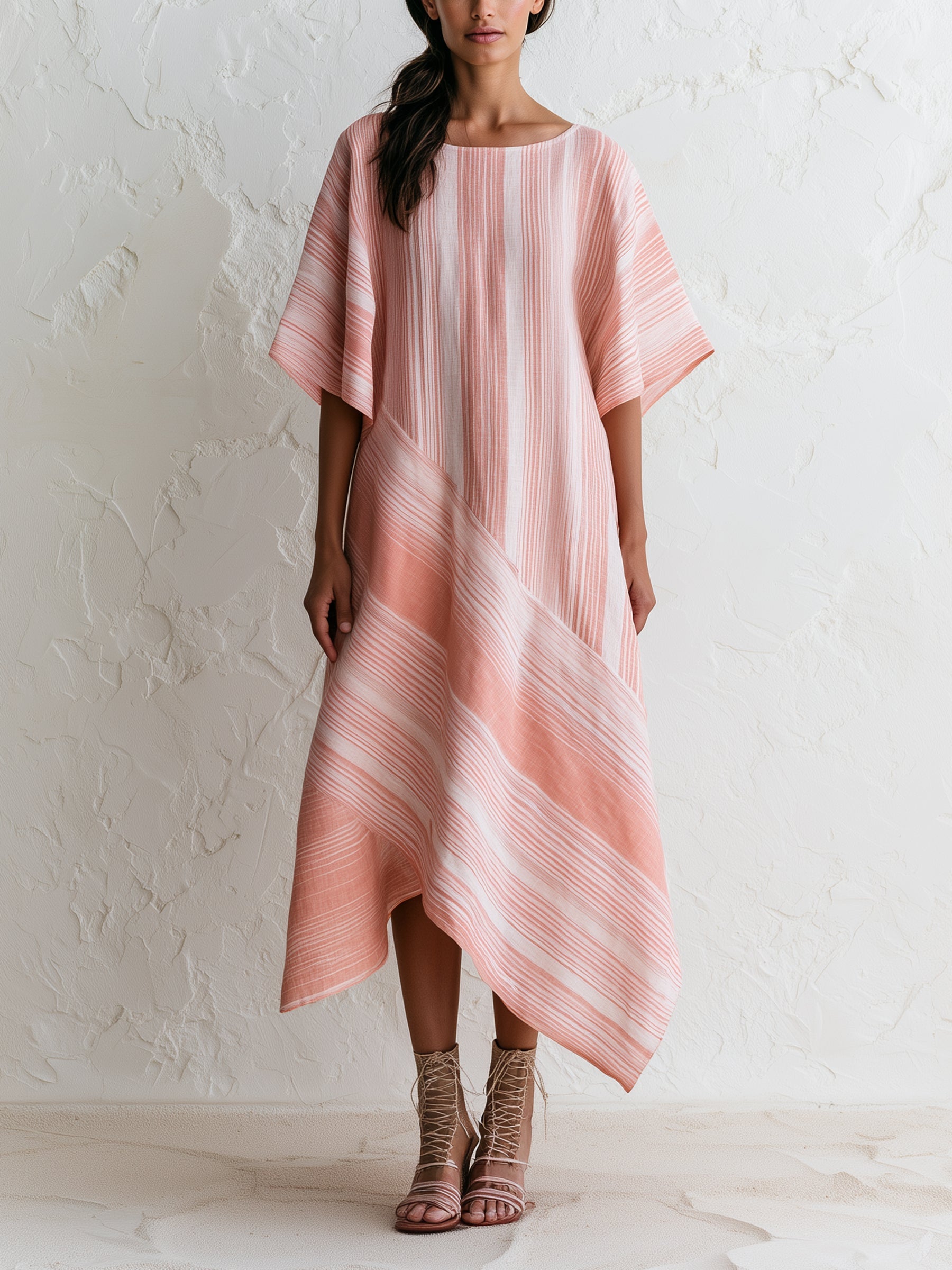 Pink Asymmetric Stripe Midi Dress – Loose Fit Art-Inspired Summer Tunic Dress For Women