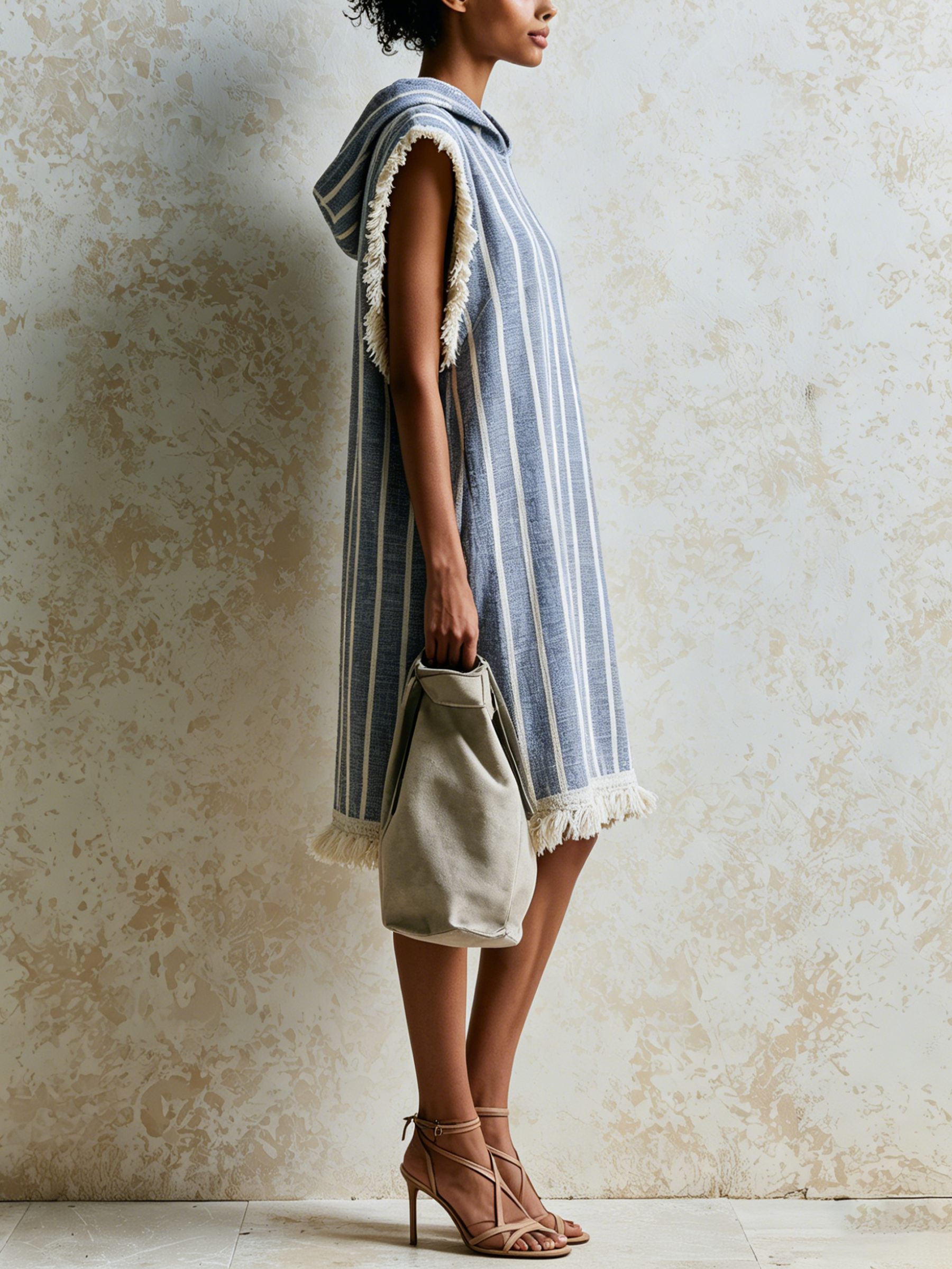 Blue White Vertical Stripe Hooded Cover-Up Tunic Dress Linen Blend Beach Kaftan Dress