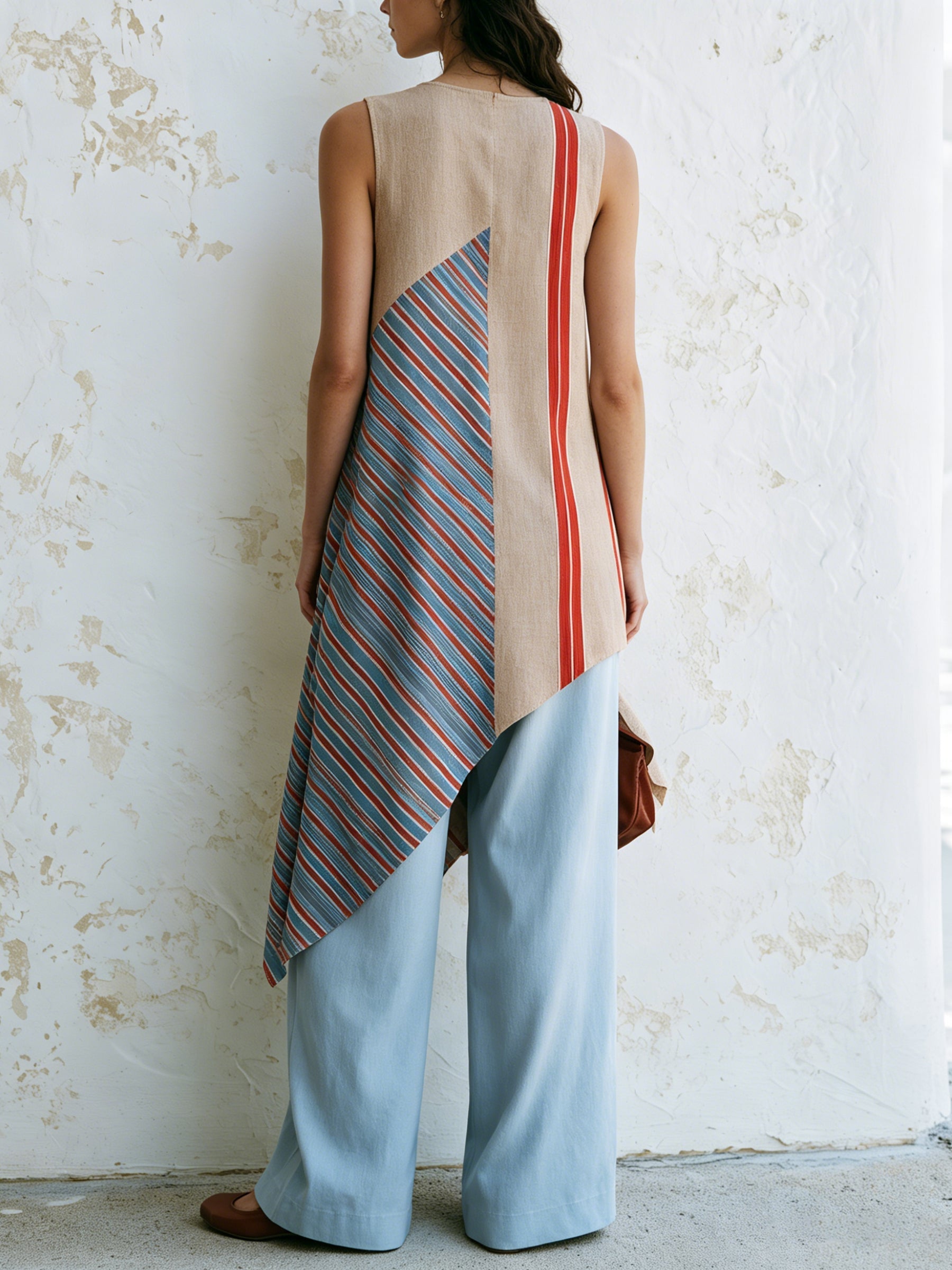 Asymmetric Color Block Sleeveless Tunic Top & Wide Leg Pants Set – Modern Artistic Two-Piece Outfit