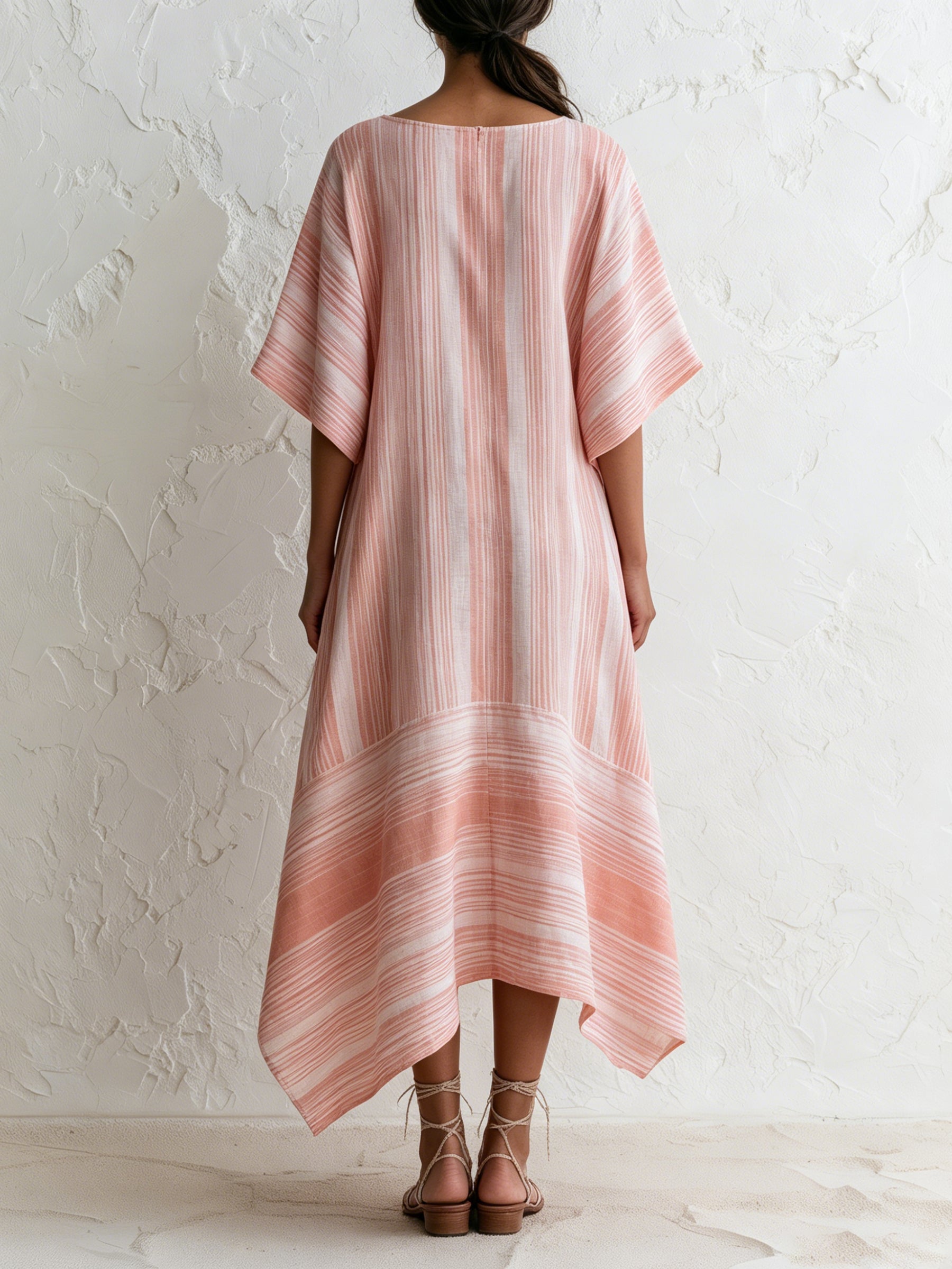 Pink Asymmetric Stripe Midi Dress – Loose Fit Art-Inspired Summer Tunic Dress For Women