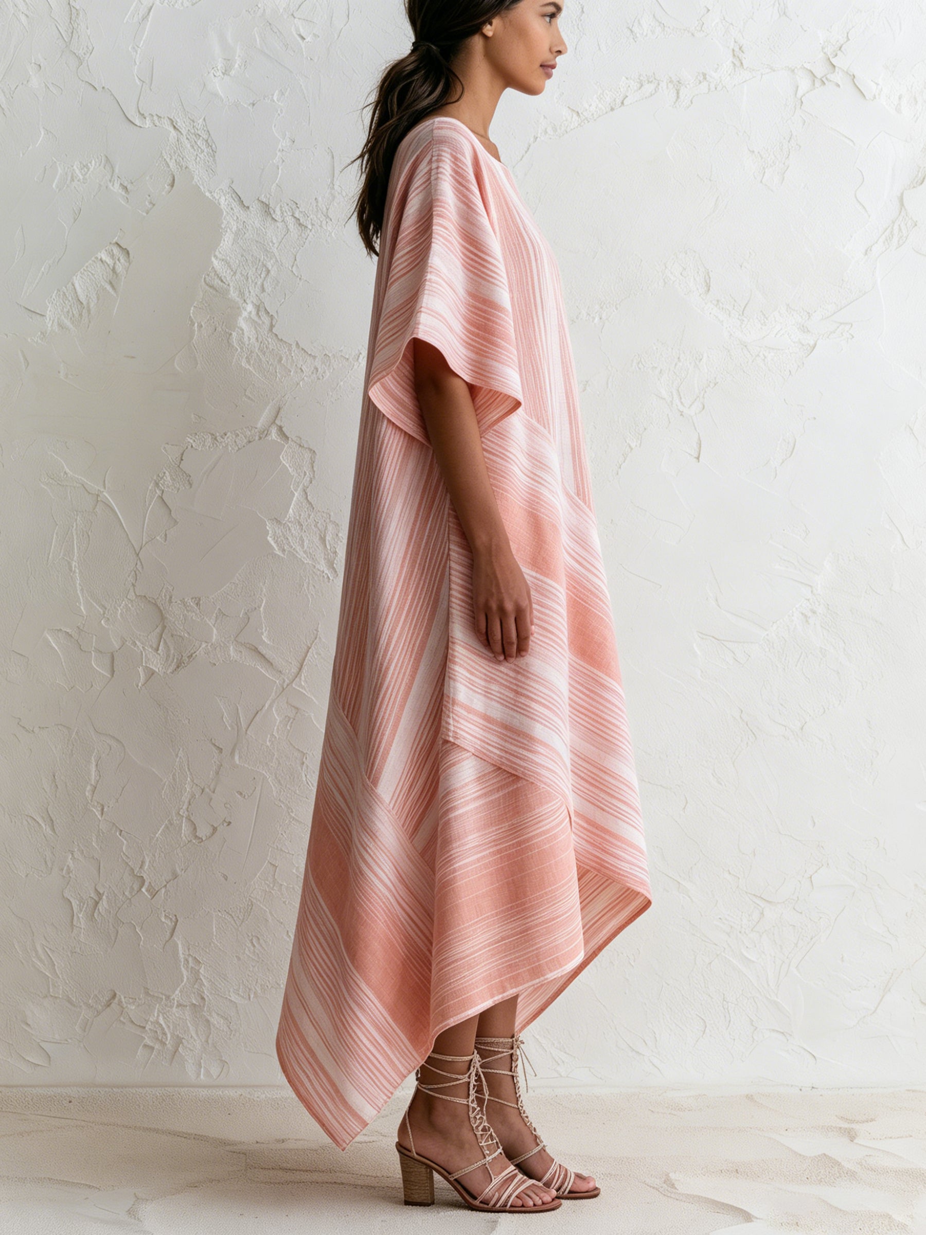 Pink Asymmetric Stripe Midi Dress – Loose Fit Art-Inspired Summer Tunic Dress For Women